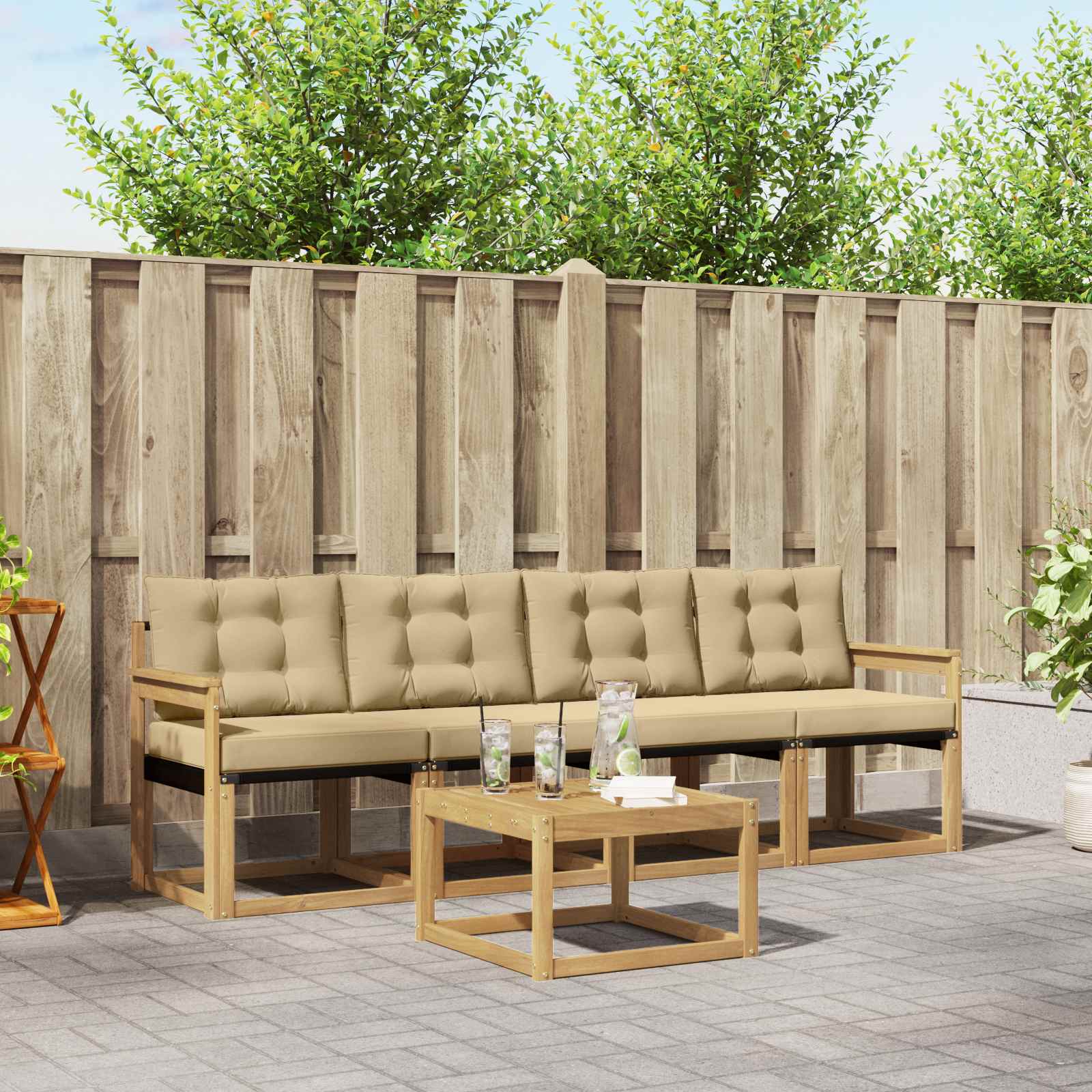 vidaXL Buiten bankenset met kussen 5 pcs Natuurlijk en Crème