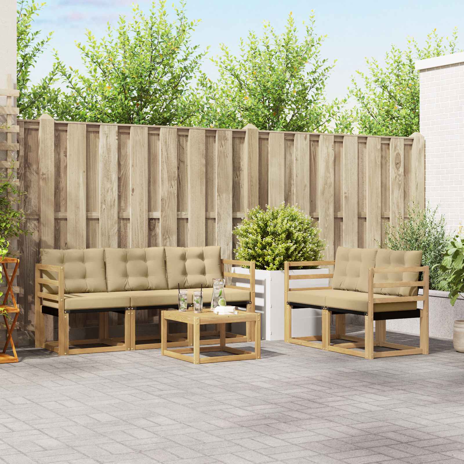 vidaXL Buiten bankenset met kussen 6 pcs Natuurlijk en Crème