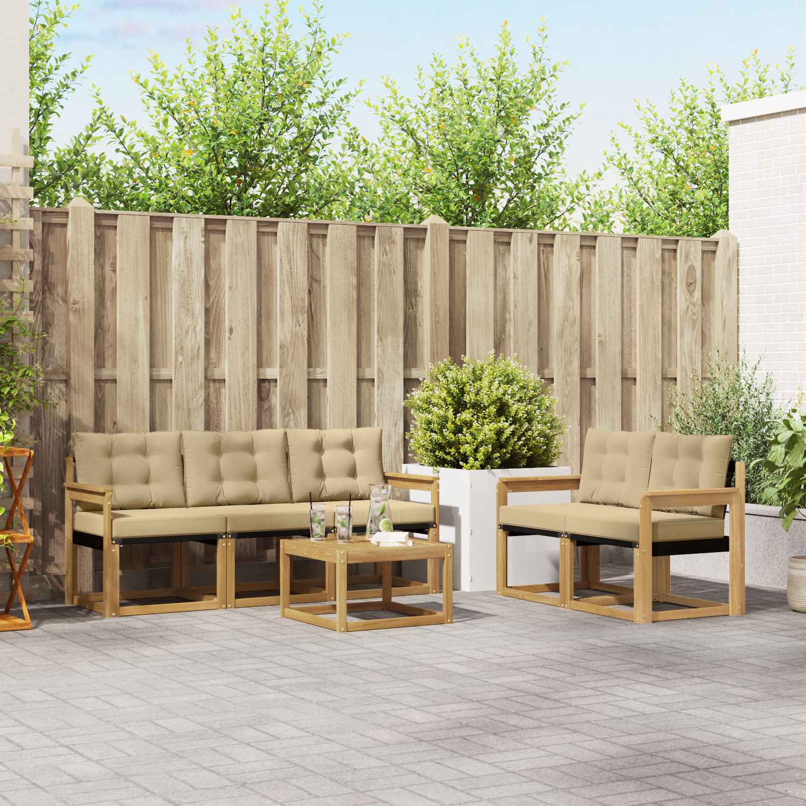 vidaXL Buiten bankenset met kussen 6 pcs Natuurlijk en Crème