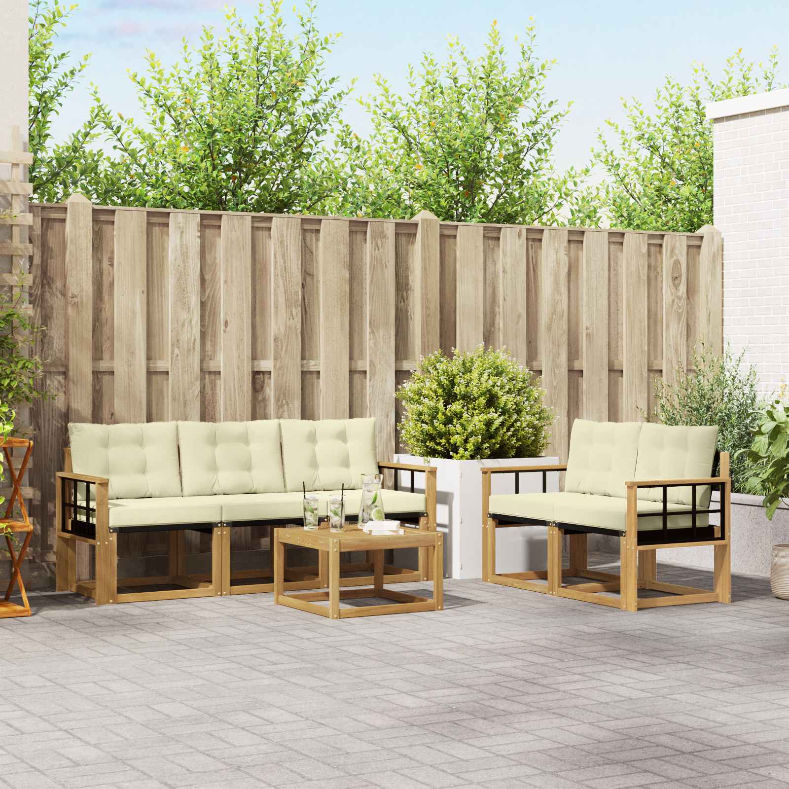 vidaXL Buiten bankenset met kussen 6 pcs Natuurlijk en Crème