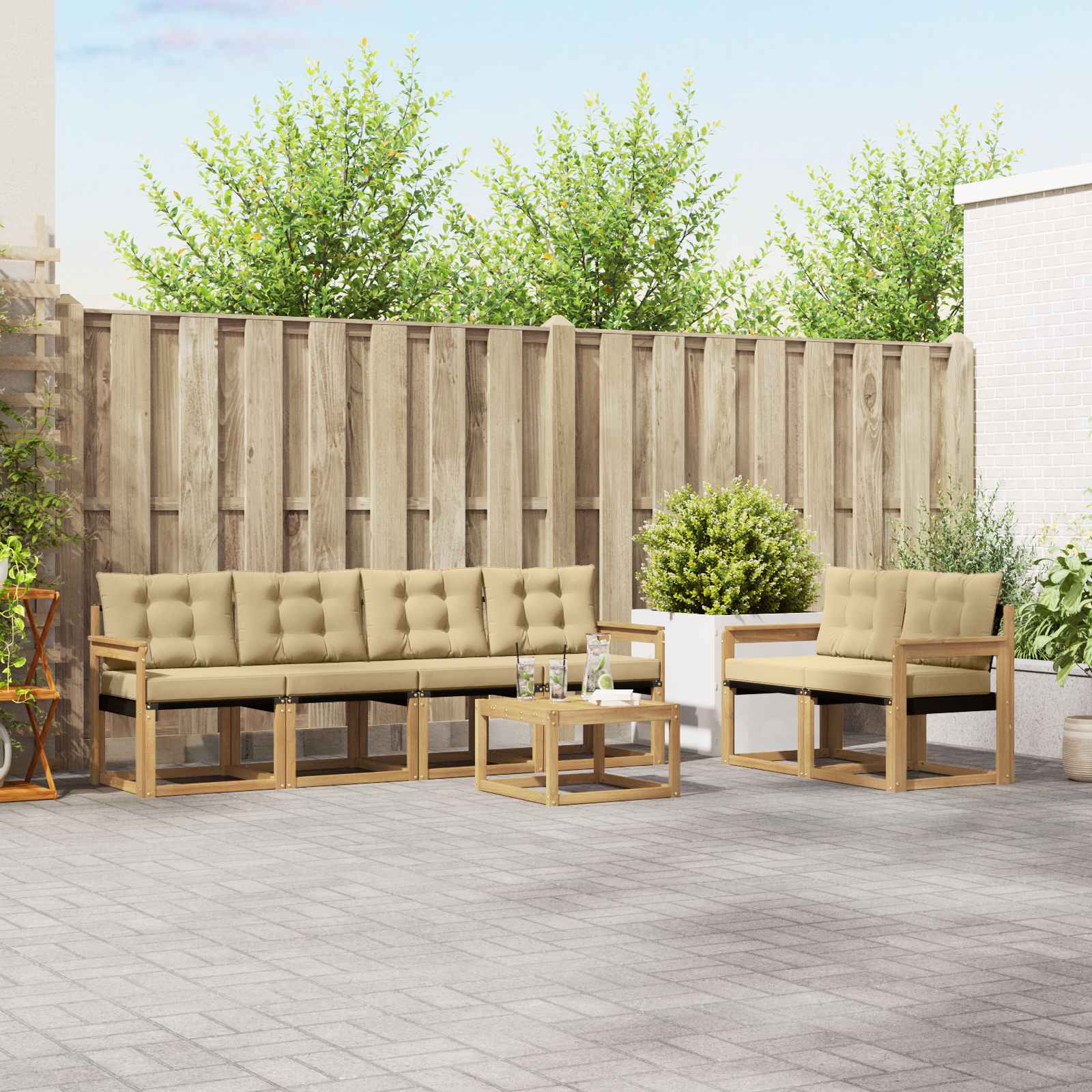 vidaXL Buiten bankenset met kussen 7 pcs Natuurlijk en Crème