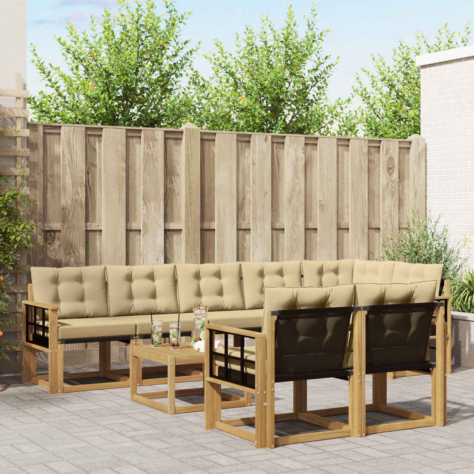 vidaXL Buiten bankenset met kussen 9 pcs Natuurlijk en Crème