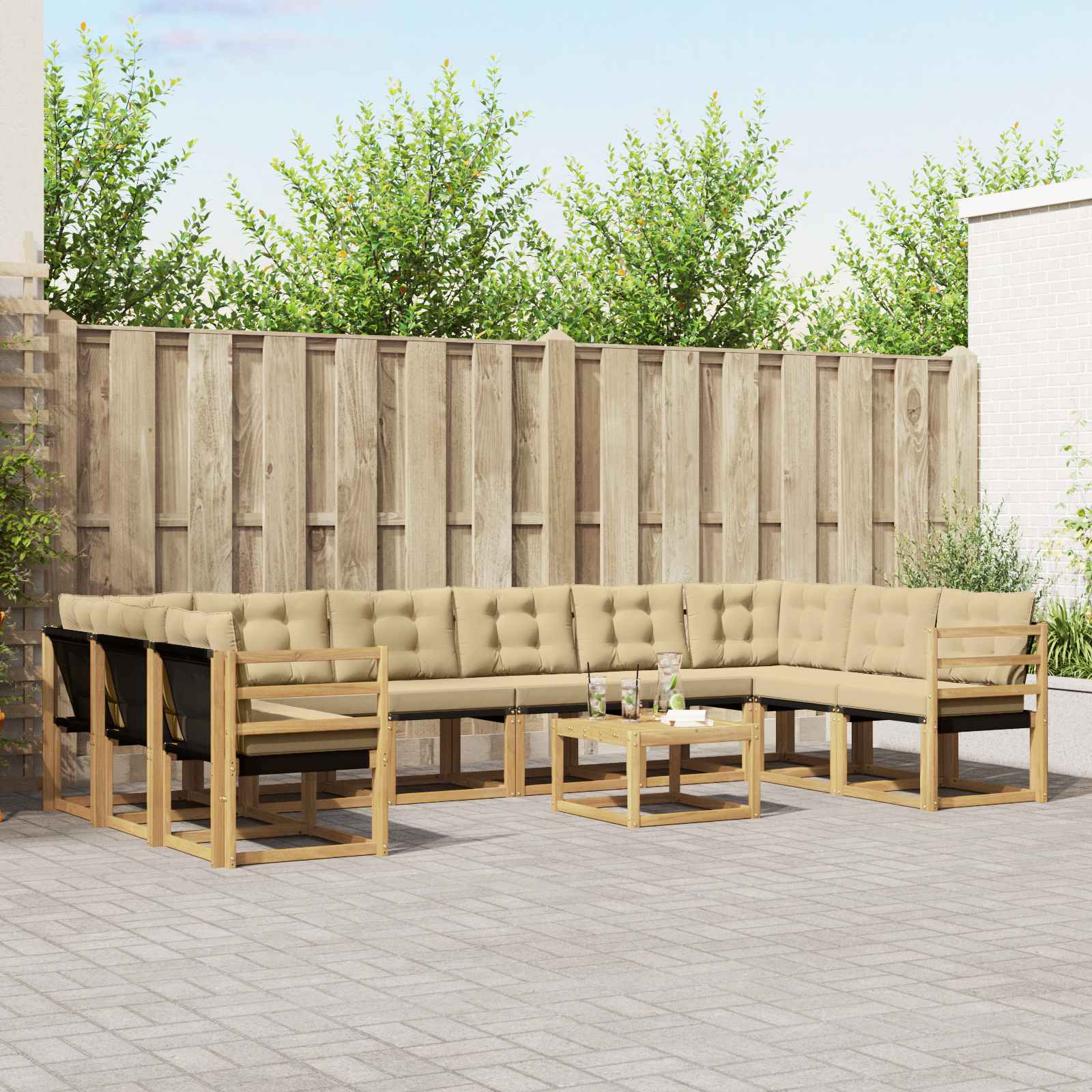vidaXL Buiten bankenset met kussen 11 pcs Natuurlijk en Crème