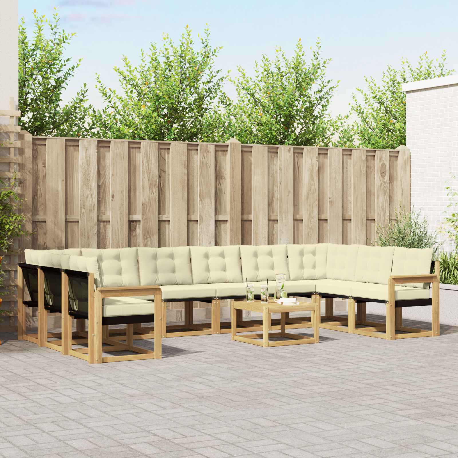 vidaXL Buiten bankenset met kussen 11 pcs Natuurlijk en Crème