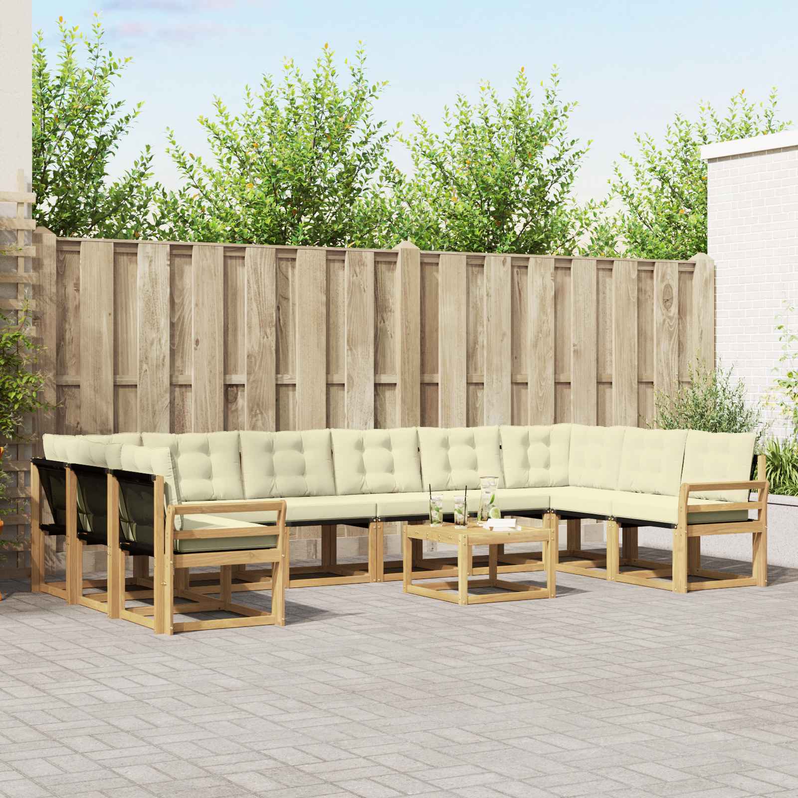 vidaXL Buiten bankenset met kussen 11 pcs Natuurlijk en Crème