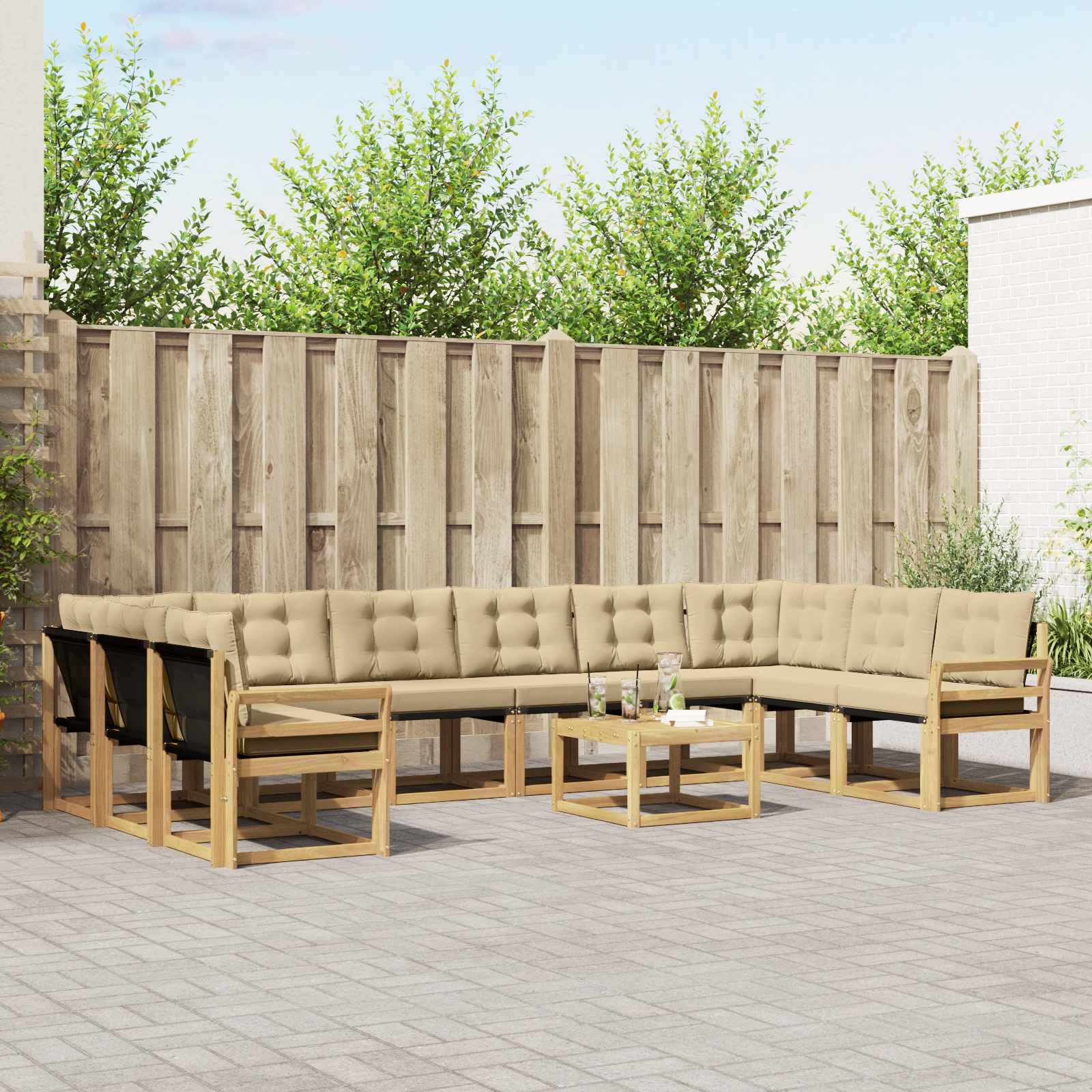 vidaXL Buiten bankenset met kussen 11 pcs Natuurlijk en Crème