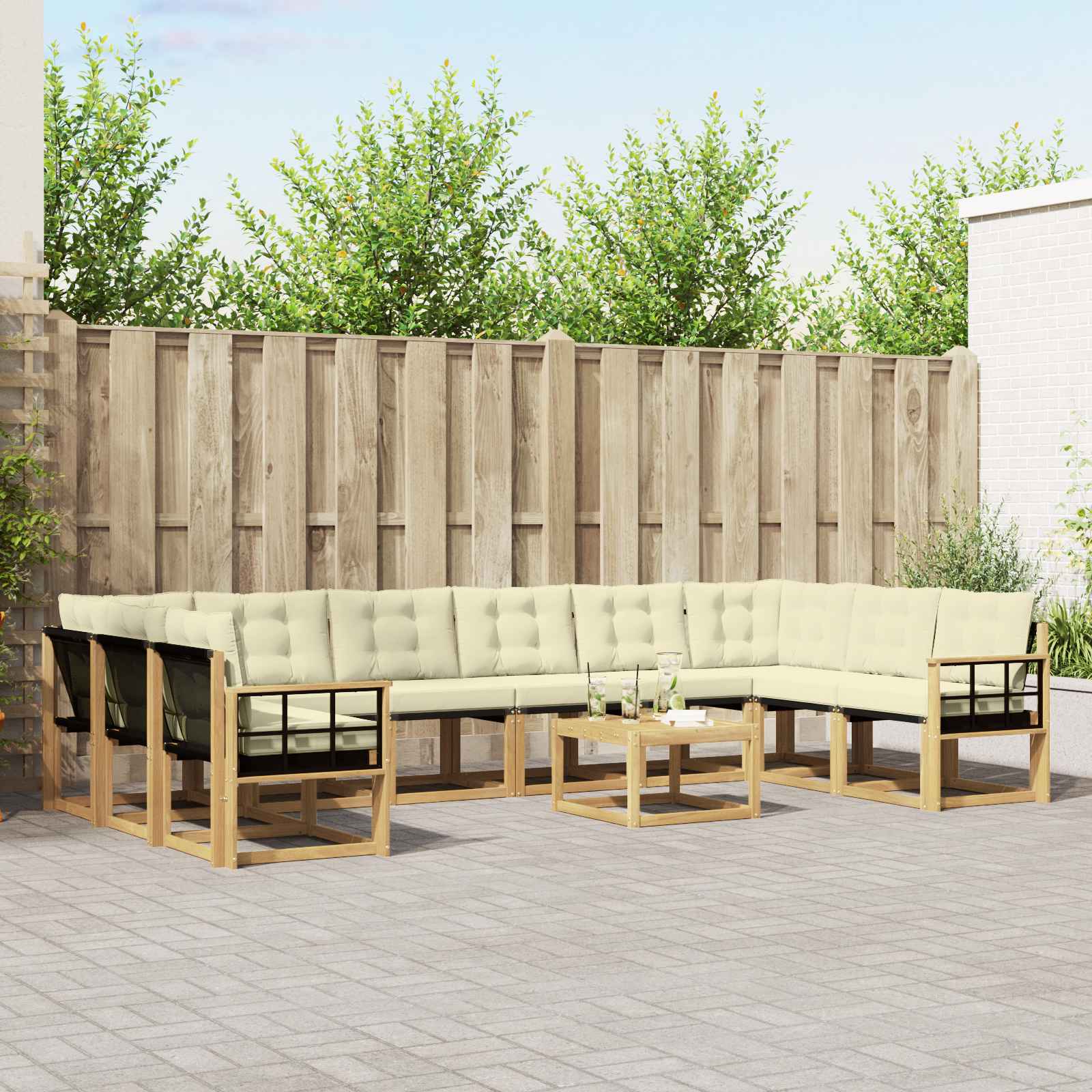 vidaXL Buiten bankenset met kussen 11 pcs Natuurlijk en Crème
