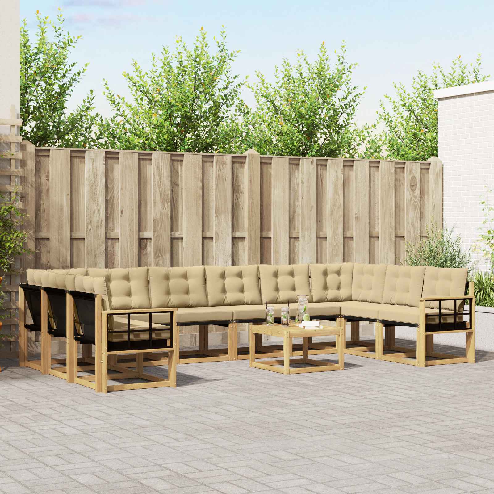 vidaXL Buiten bankenset met kussen 11 pcs Natuurlijk en Crème