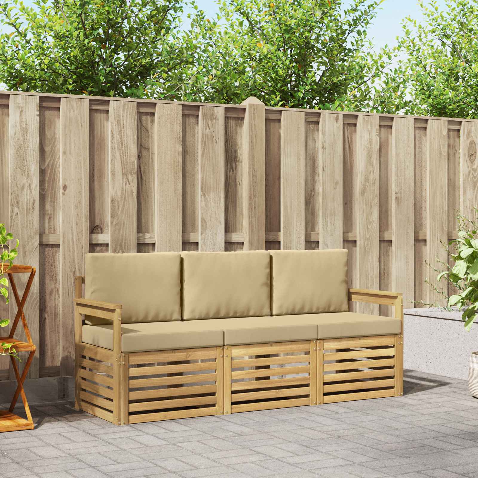 vidaXL Sofa-Sets 3 pcs Natuurlijk en Crème Massief Acaciahout