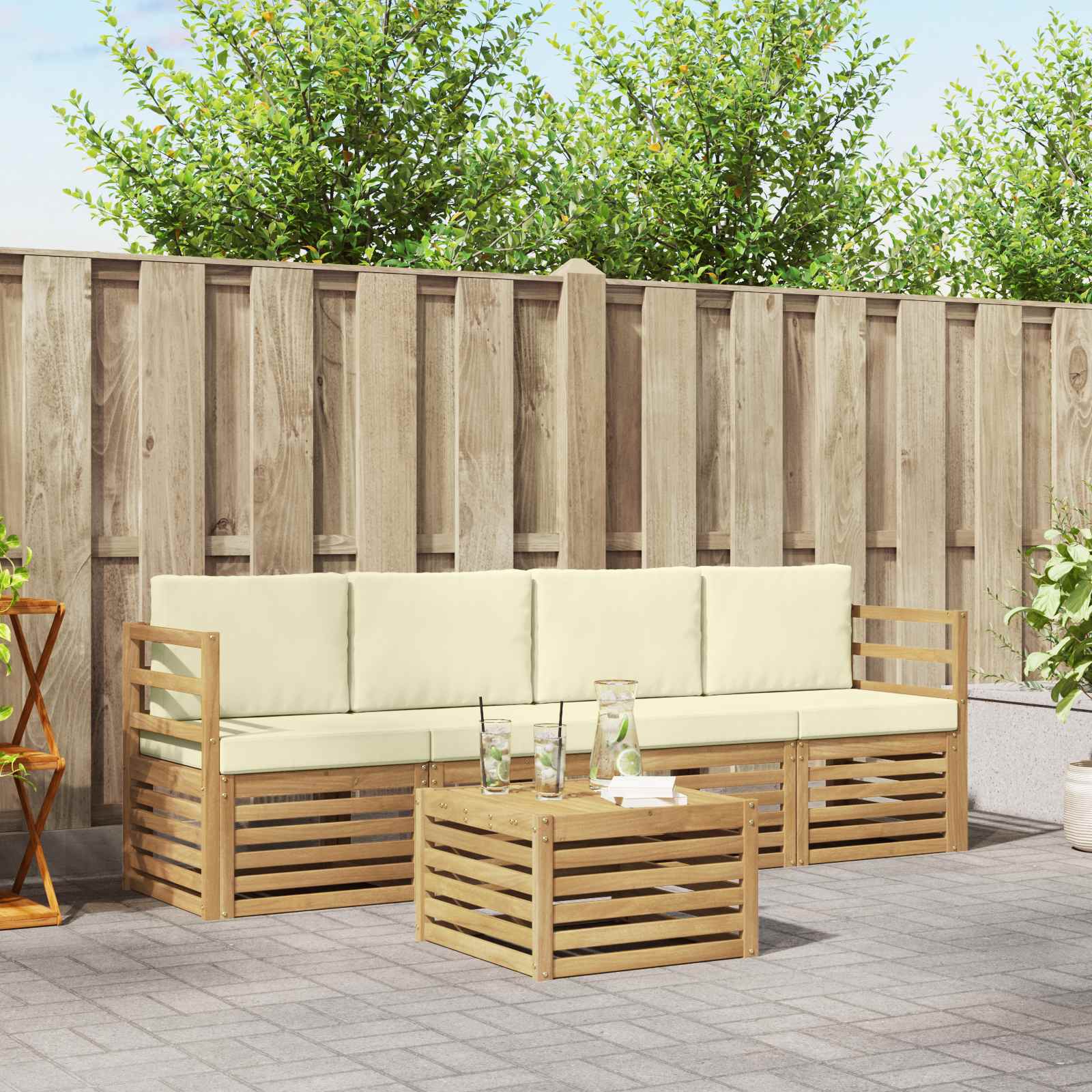 vidaXL Sofa-Sets 5 pcs Natuurlijk en Crème Massief Acaciahout