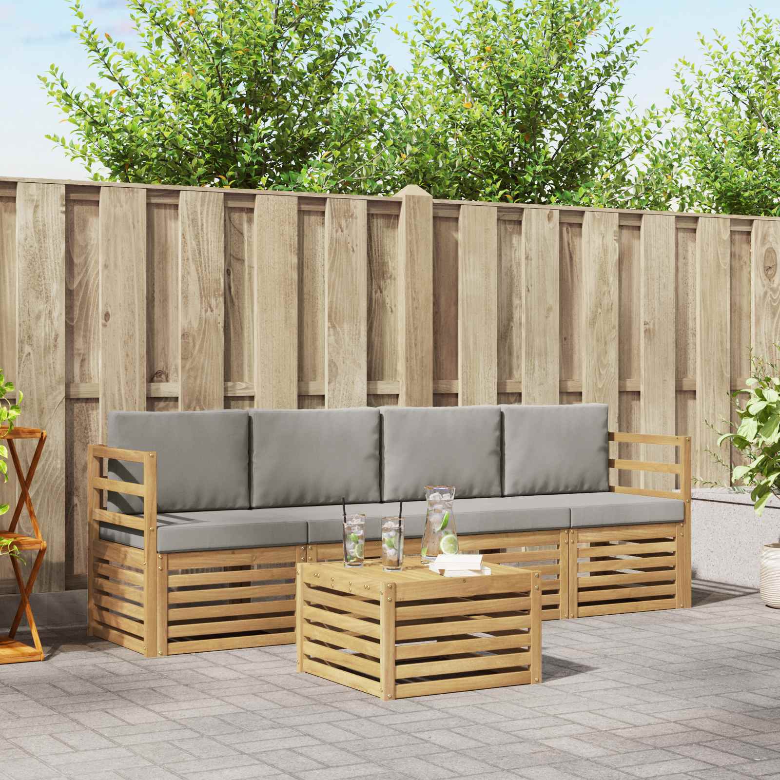 vidaXL Sofa-Sets 5 pcs Natuurlijk en Crème Massief Acaciahout