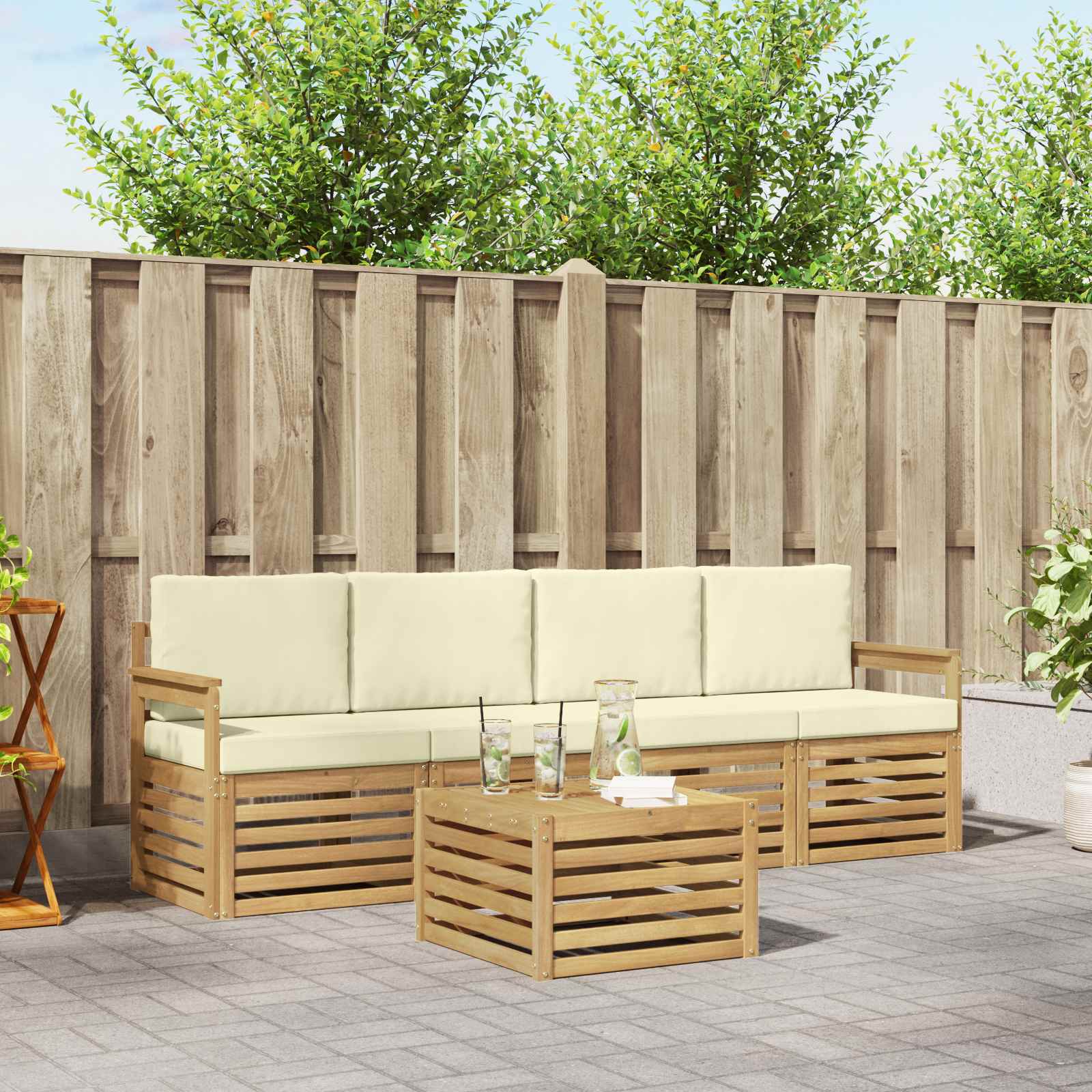 vidaXL Sofa-Sets 5 pcs Natuurlijk en Crème Massief Acaciahout