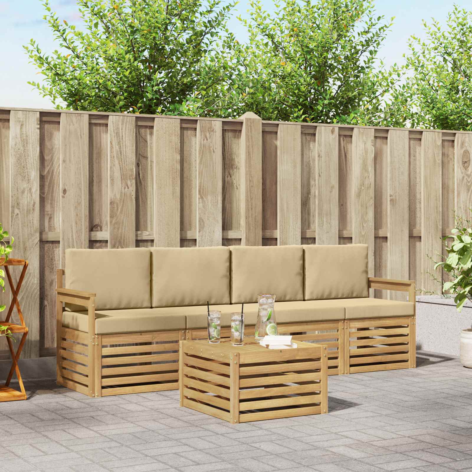 vidaXL Sofa-Sets 5 pcs Natuurlijk en Crème Massief Acaciahout