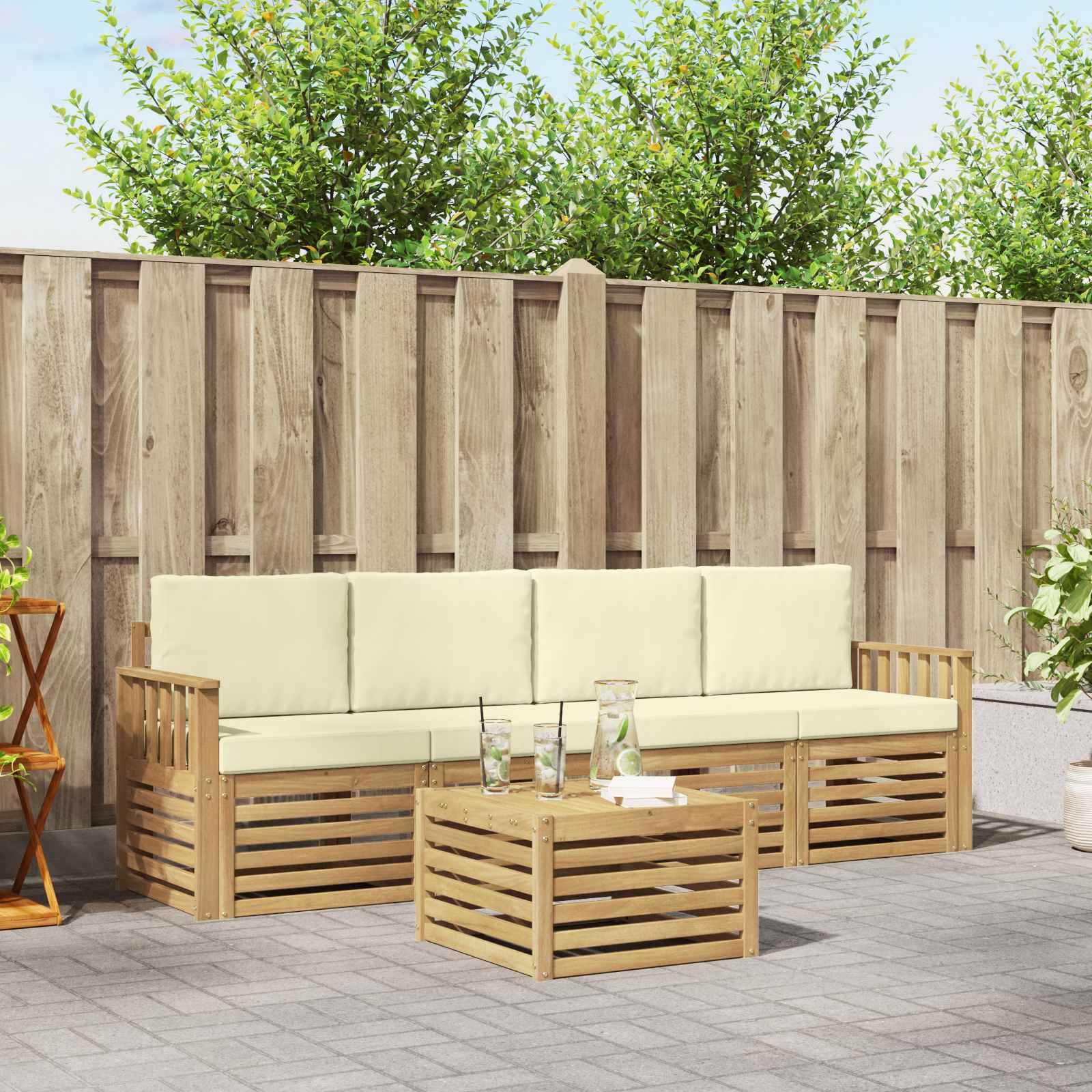 vidaXL Sofa-Sets 5 pcs Natuurlijk en Crème Massief Acaciahout