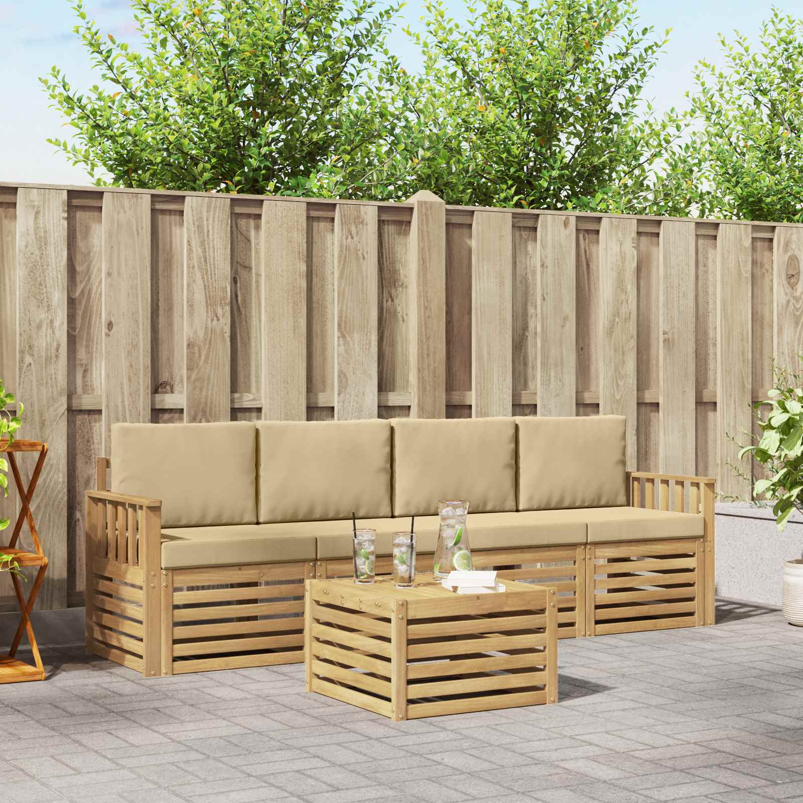 vidaXL Sofa-Sets 5 pcs Natuurlijk en Crème Massief Acaciahout