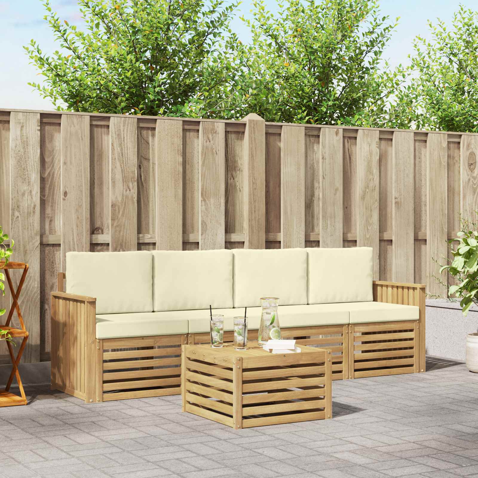 vidaXL Sofa-Sets 5 pcs Natuurlijk en Crème Massief Acaciahout