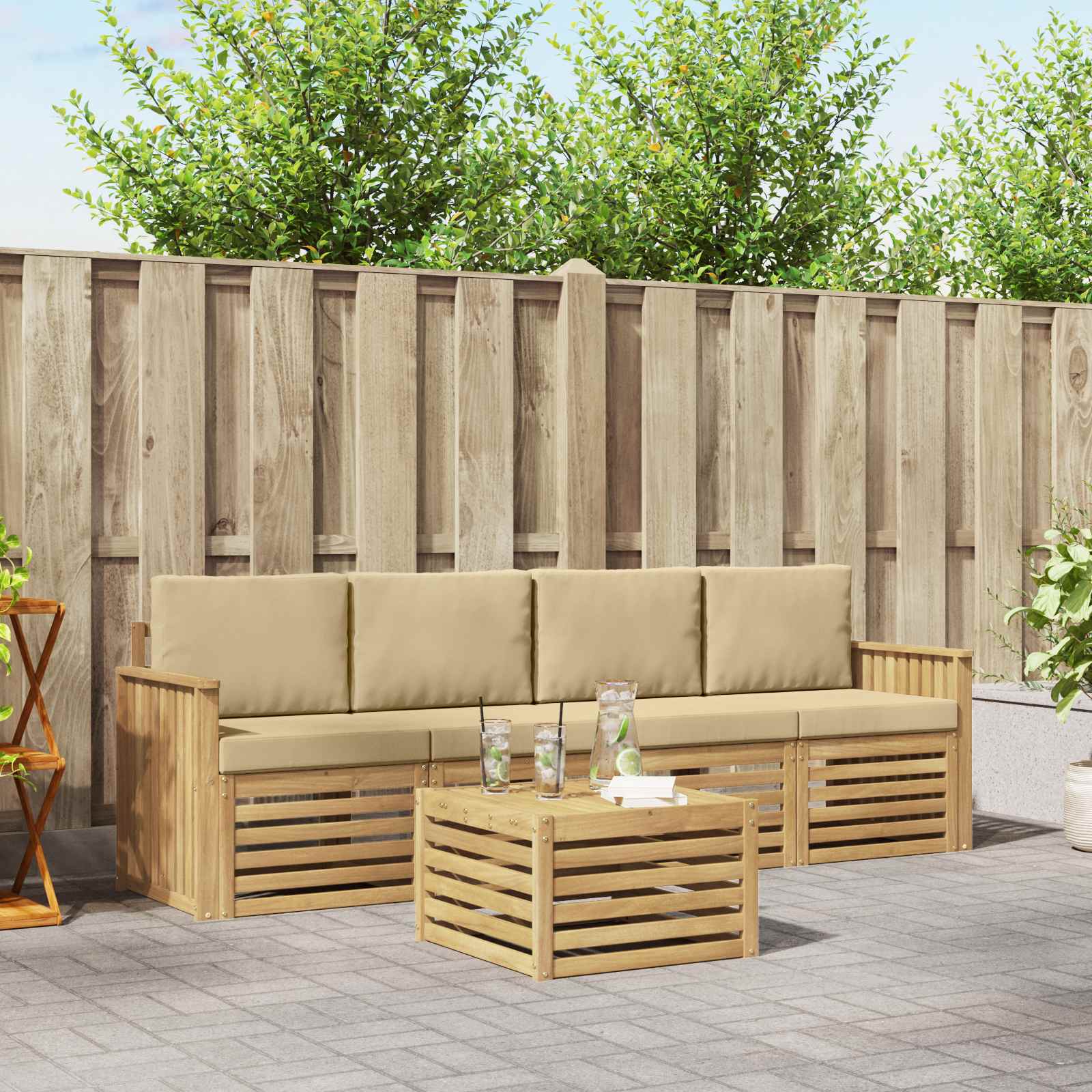 vidaXL Sofa-Sets 5 pcs Natuurlijk en Crème Massief Acaciahout