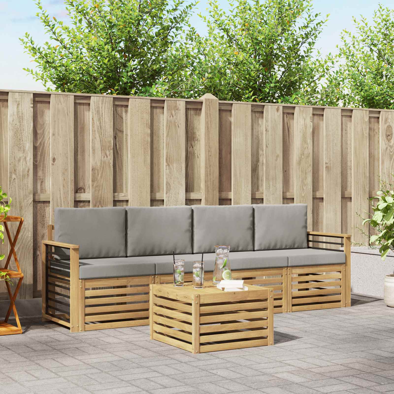 vidaXL Sofa-Sets 5 pcs Natuurlijk en Crème Massief Acaciahout