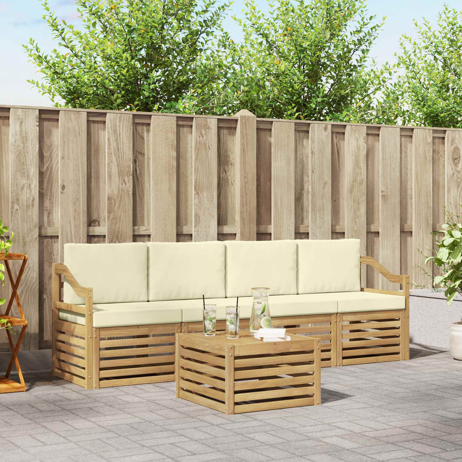vidaXL Sofa-Sets 5 pcs Natuurlijk en Crème Massief Acaciahout