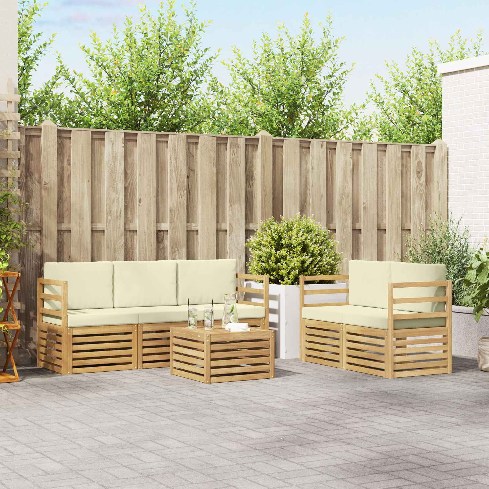 vidaXL Sofa-Sets 6 pcs Natuurlijk en Crème Massief Acaciahout