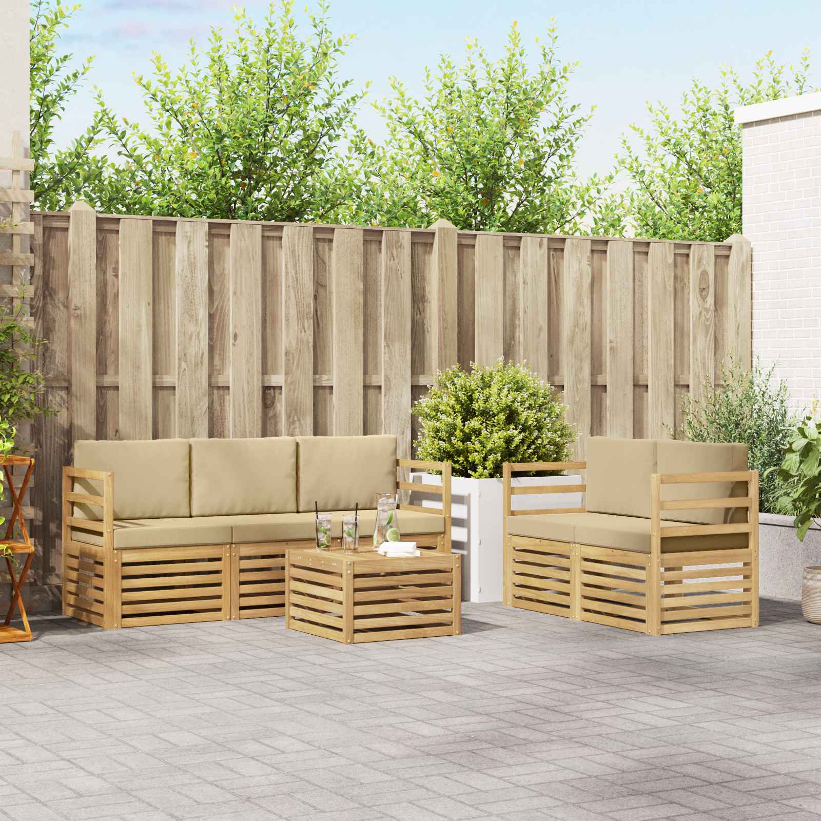 vidaXL Sofa-Sets 6 pcs Natuurlijk en Crème Massief Acaciahout