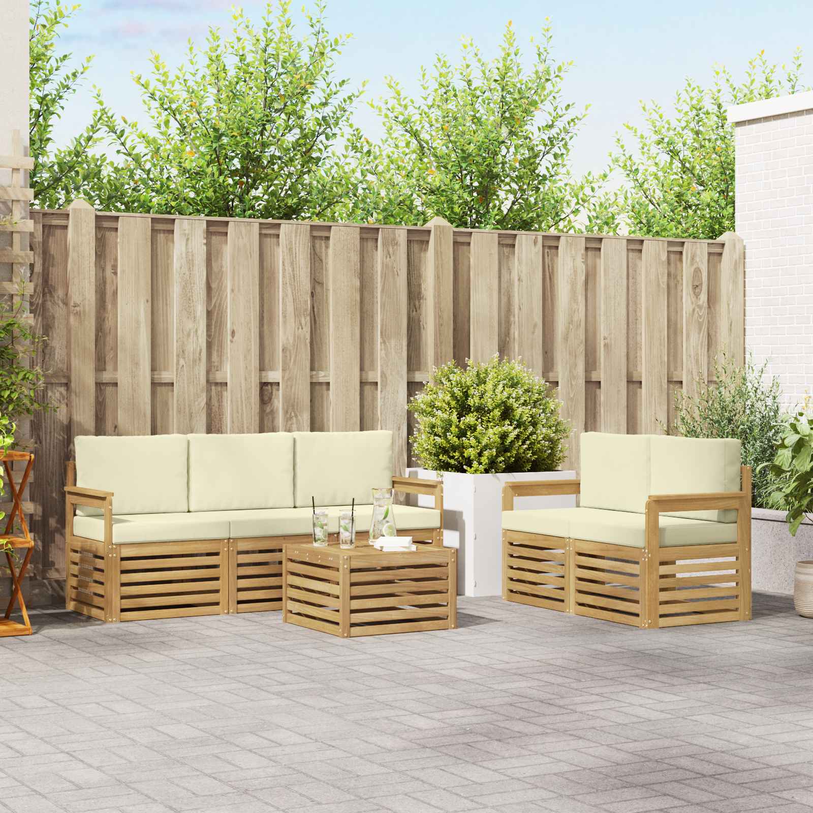 vidaXL Sofa-Sets 6 pcs Natuurlijk en Crème Massief Acaciahout