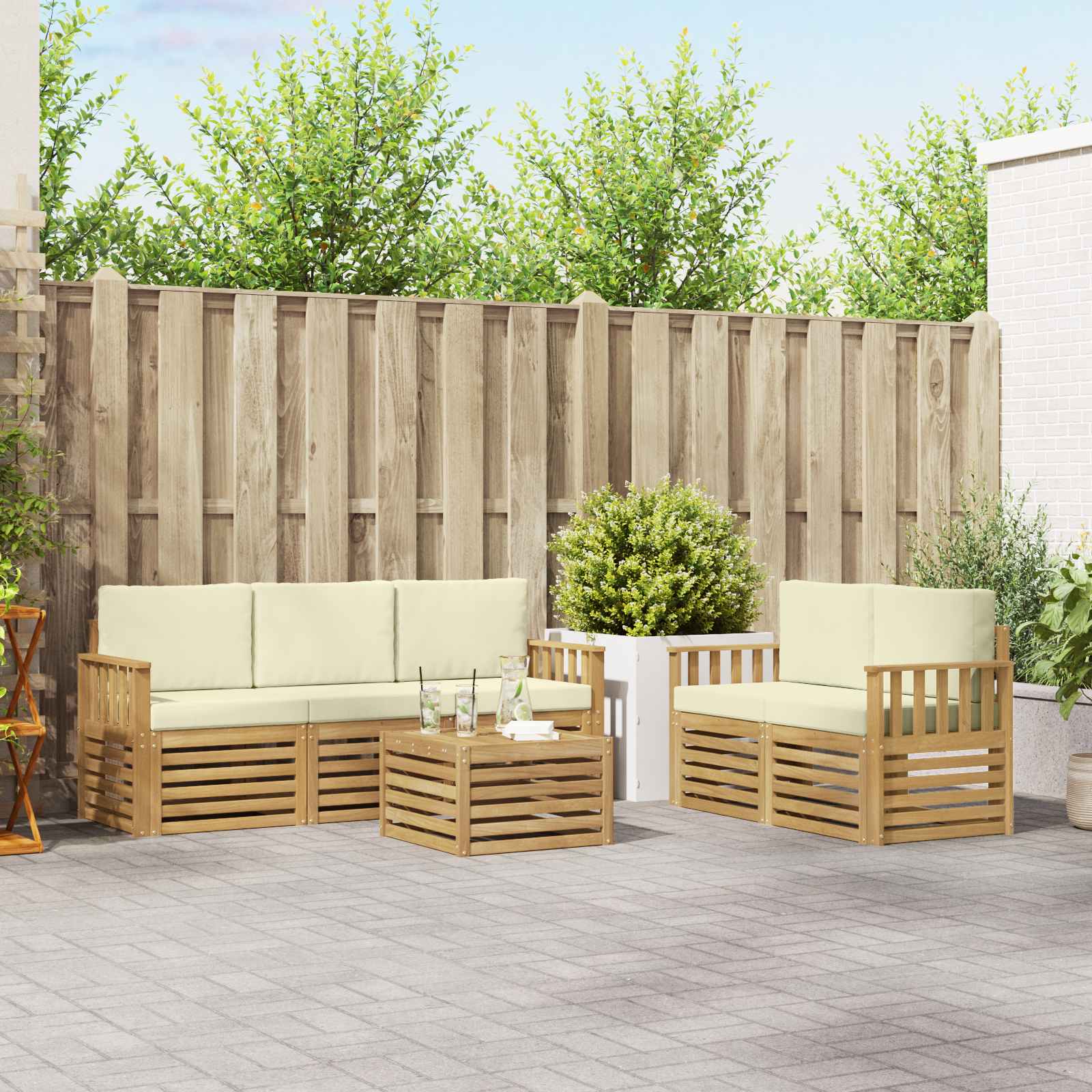 vidaXL Sofa-Sets 6 pcs Natuurlijk en Crème Massief Acaciahout
