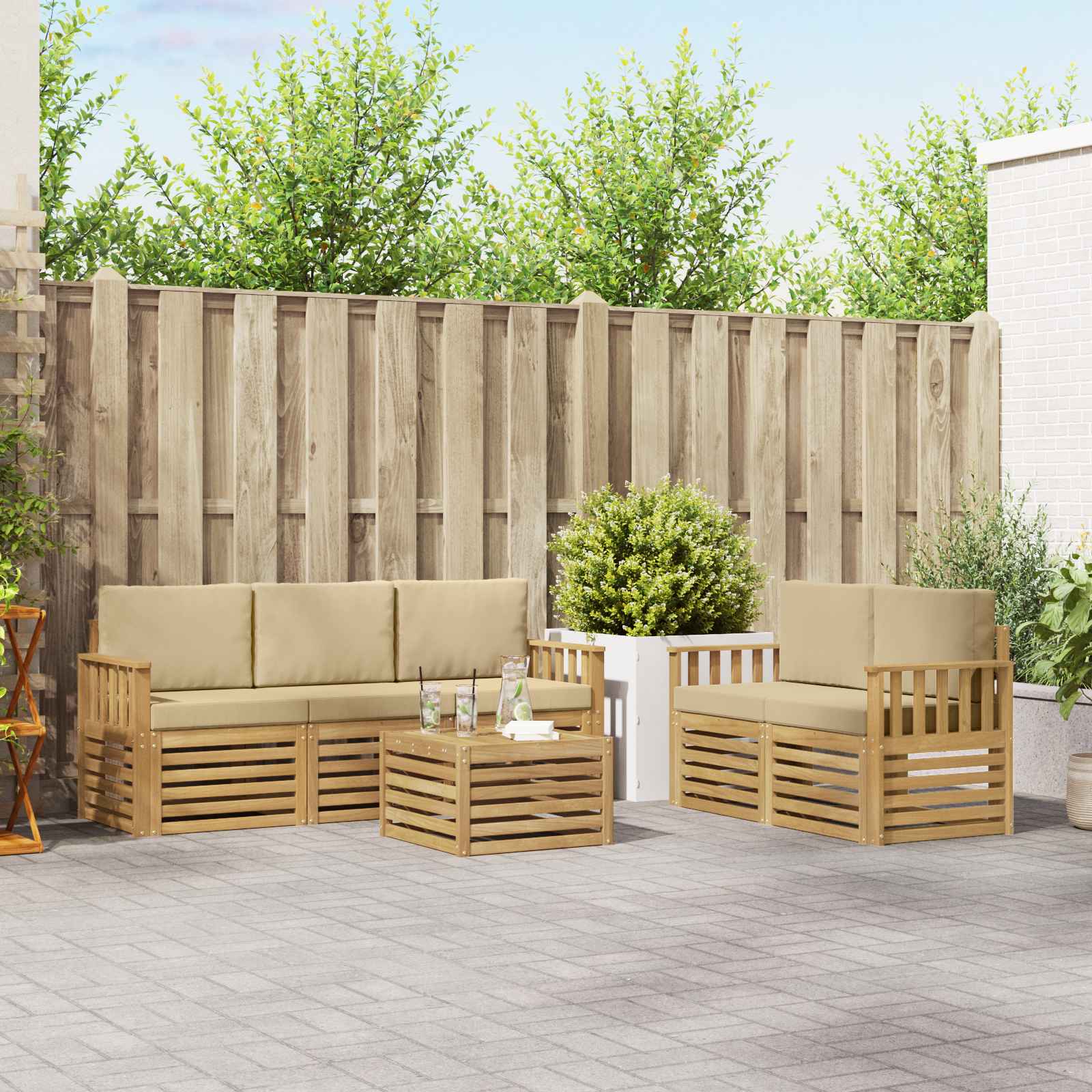 vidaXL Sofa-Sets 6 pcs Natuurlijk en Crème Massief Acaciahout