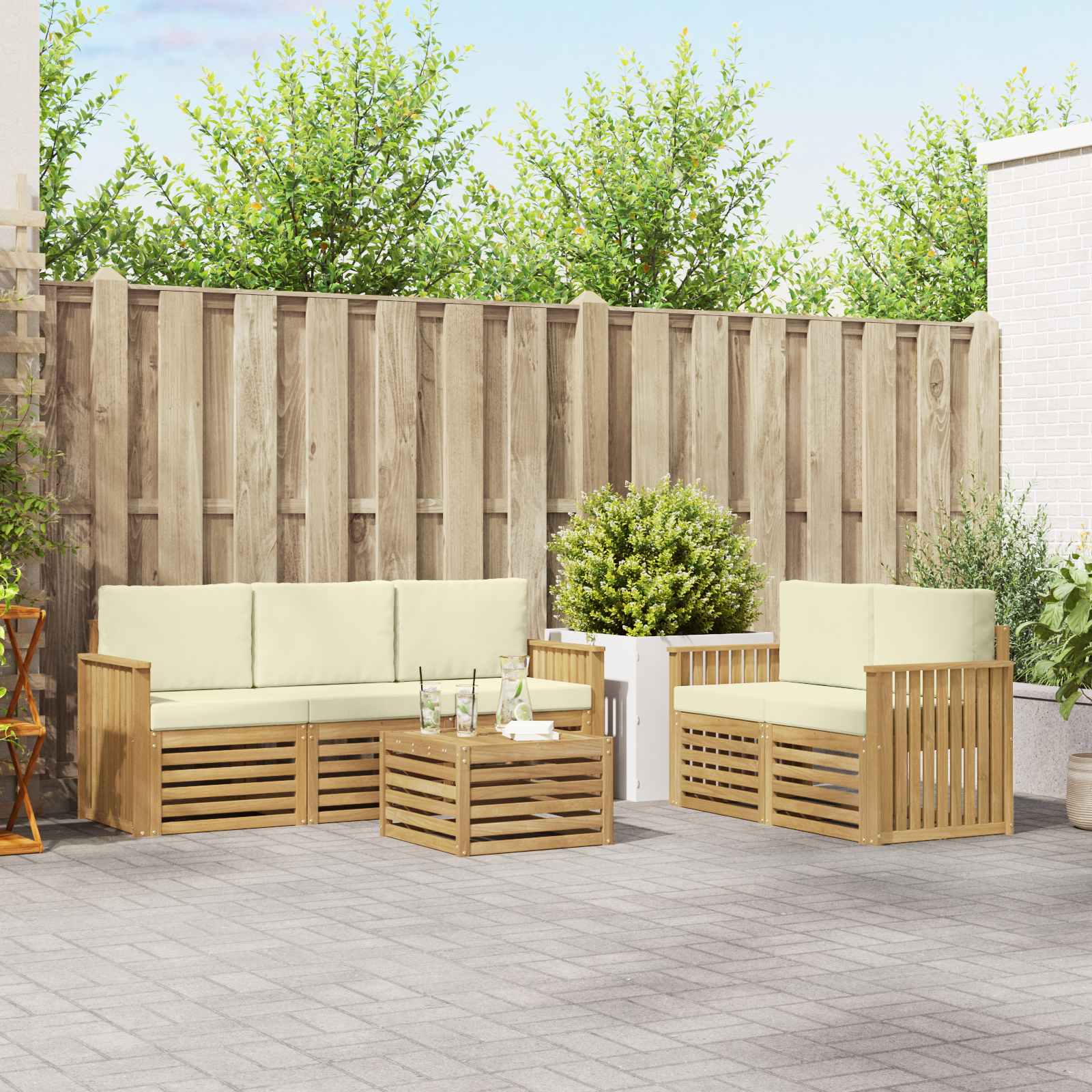 vidaXL Sofa-Sets 6 pcs Natuurlijk en Crème Massief Acaciahout