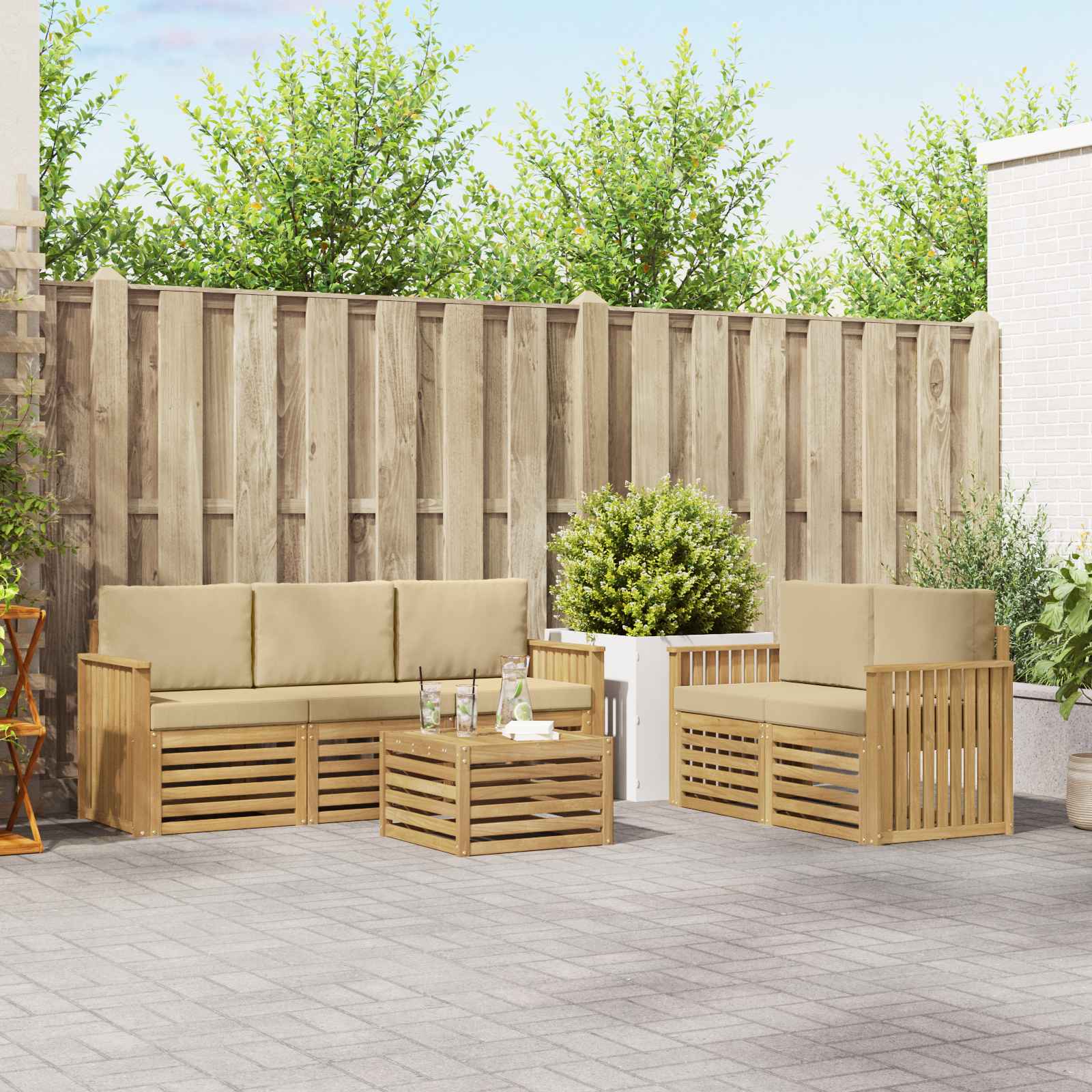 vidaXL Sofa-Sets 6 pcs Natuurlijk en Crème Massief Acaciahout