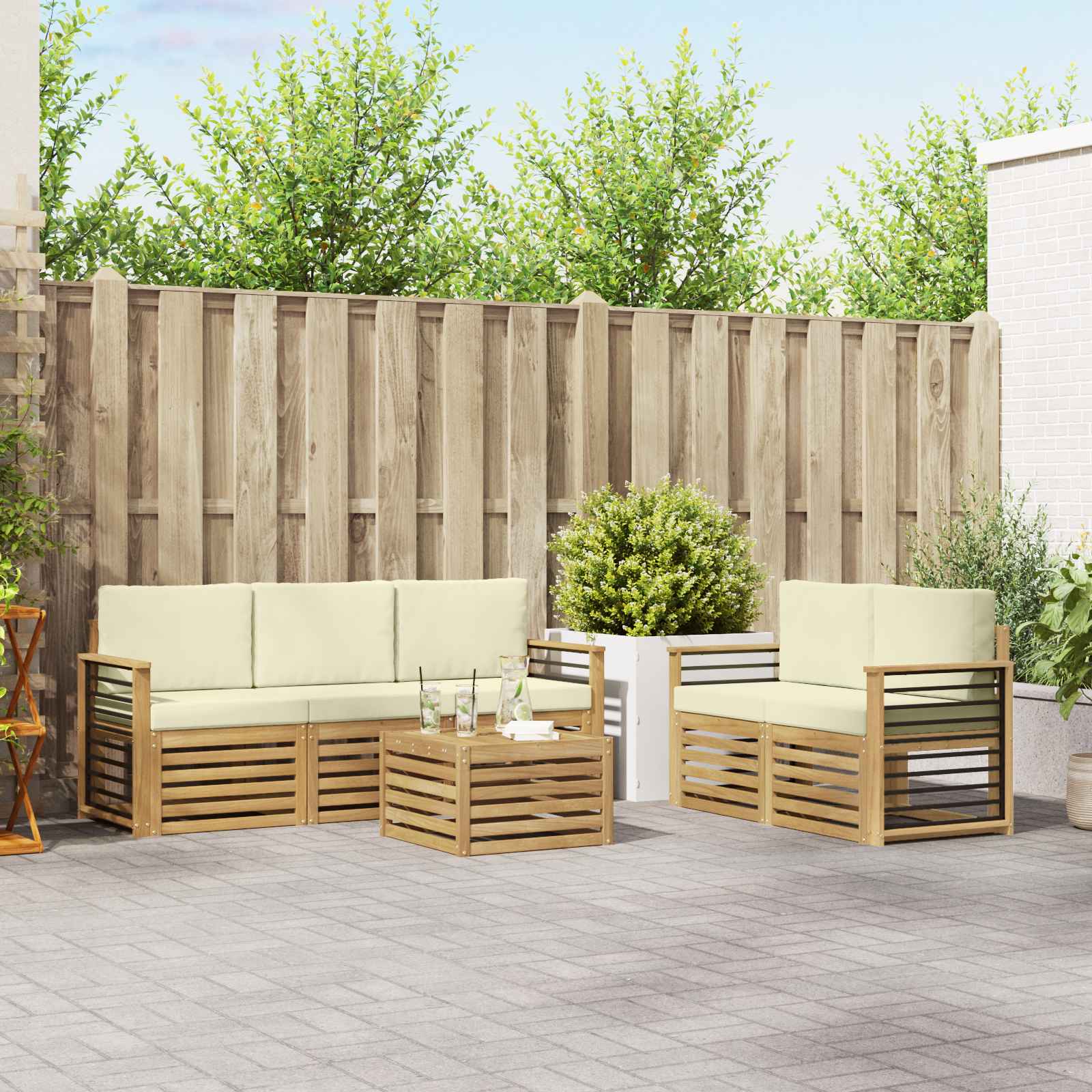 vidaXL Sofa-Sets 6 pcs Natuurlijk en Crème Massief Acaciahout