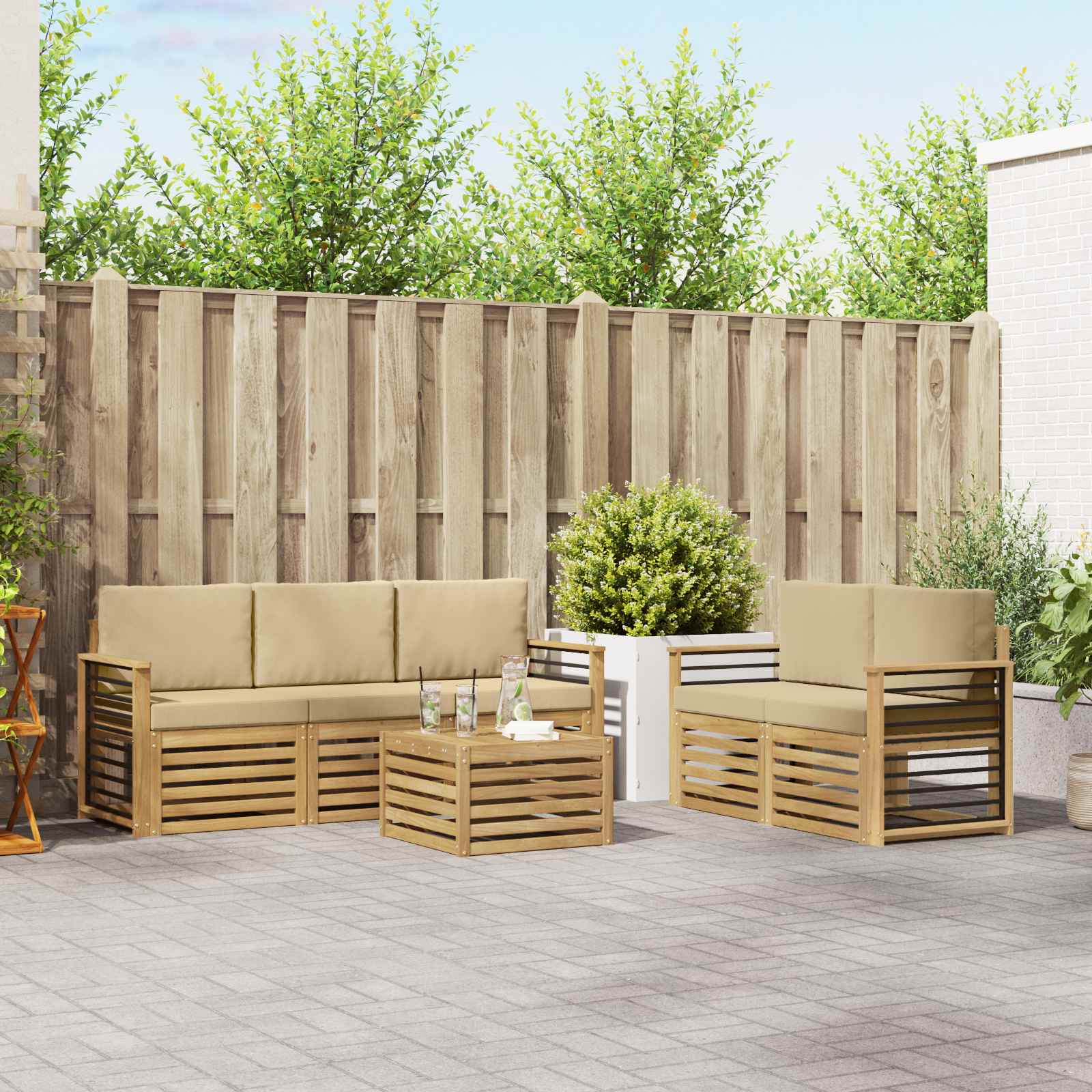 vidaXL Sofa-Sets 6 pcs Natuurlijk en Crème Massief Acaciahout