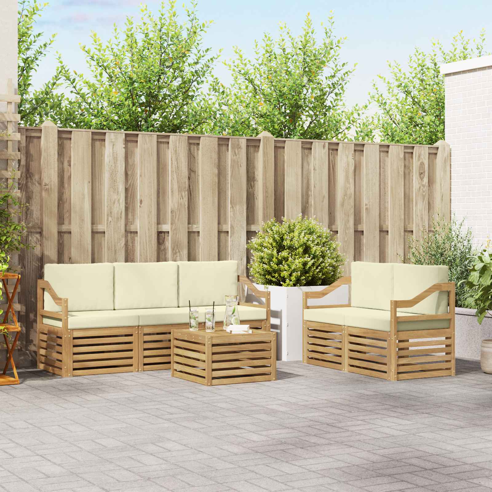 vidaXL Sofa-Sets 6 pcs Natuurlijk en Crème Massief Acaciahout