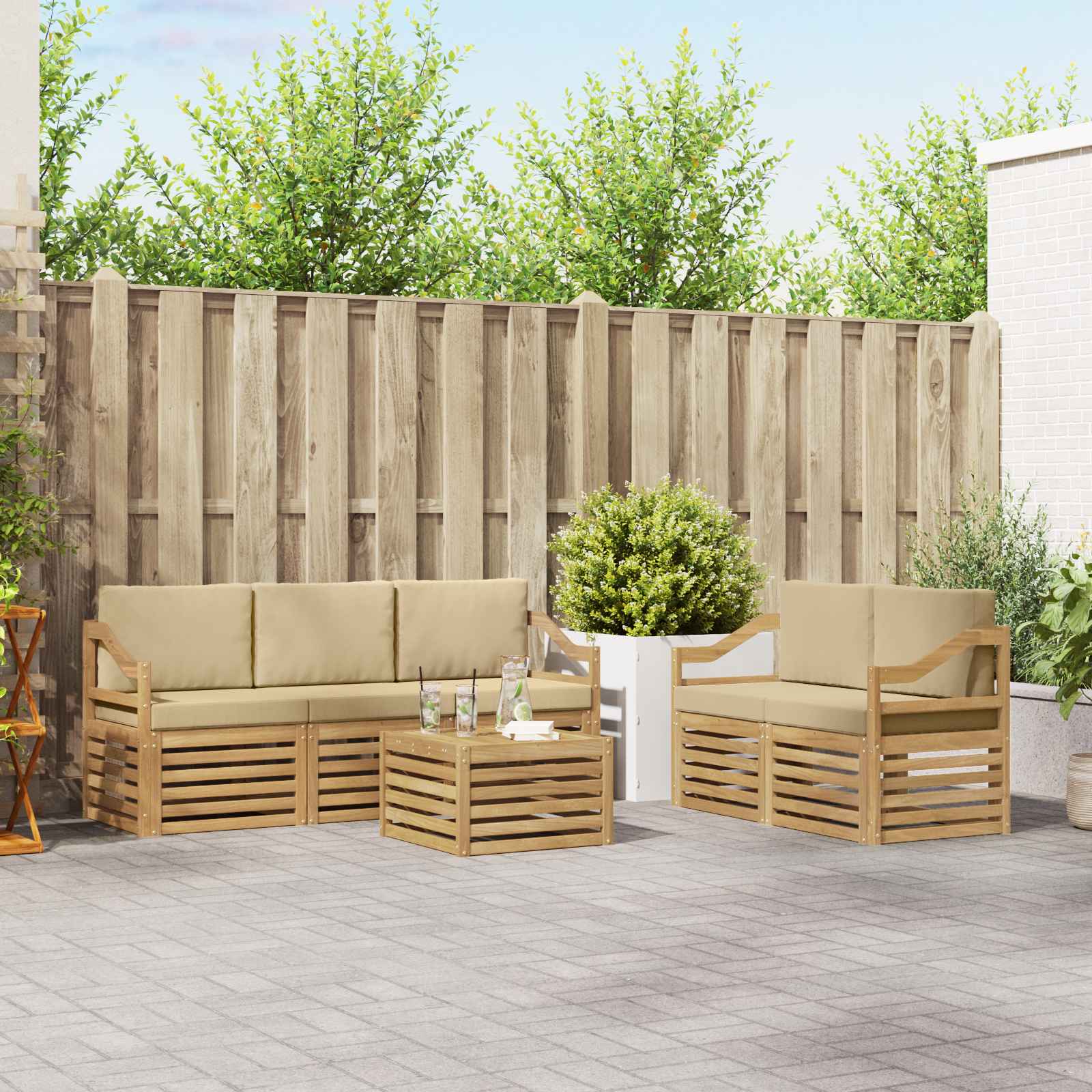 vidaXL Sofa-Sets 6 pcs Natuurlijk en Crème Massief Acaciahout