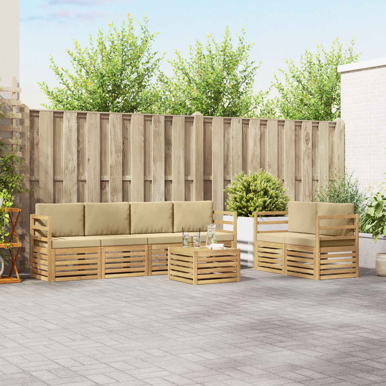 vidaXL Sofa-Sets 7 pcs Natuurlijk en Crème Massief Acaciahout