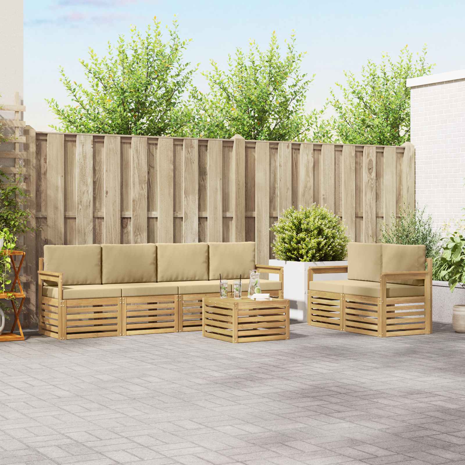 vidaXL Sofa-Sets 7 pcs Natuurlijk en Crème Massief Acaciahout