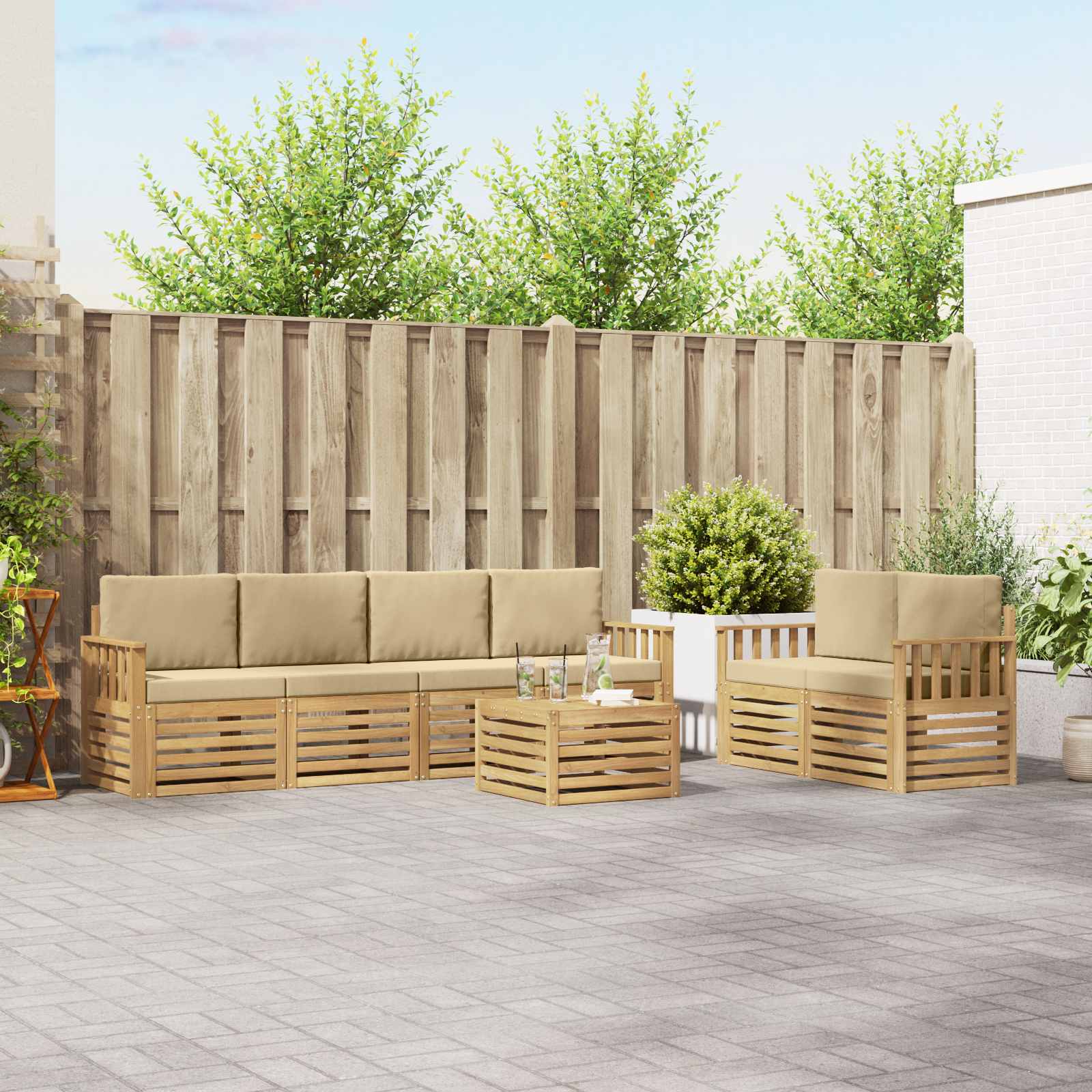 vidaXL Sofa-Sets 7 pcs Natuurlijk en Crème Massief Acaciahout