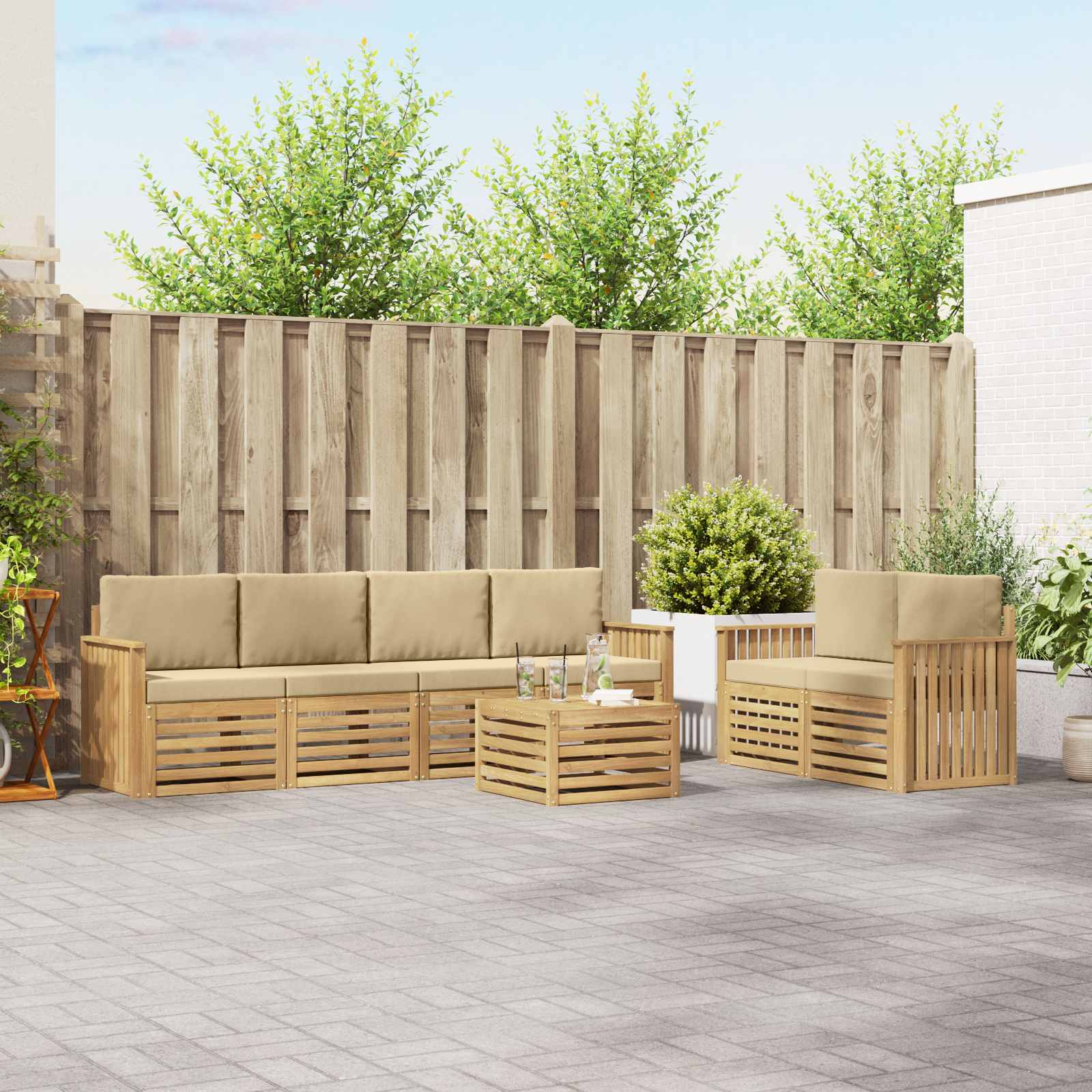 vidaXL Sofa-Sets 7 pcs Natuurlijk en Crème Massief Acaciahout
