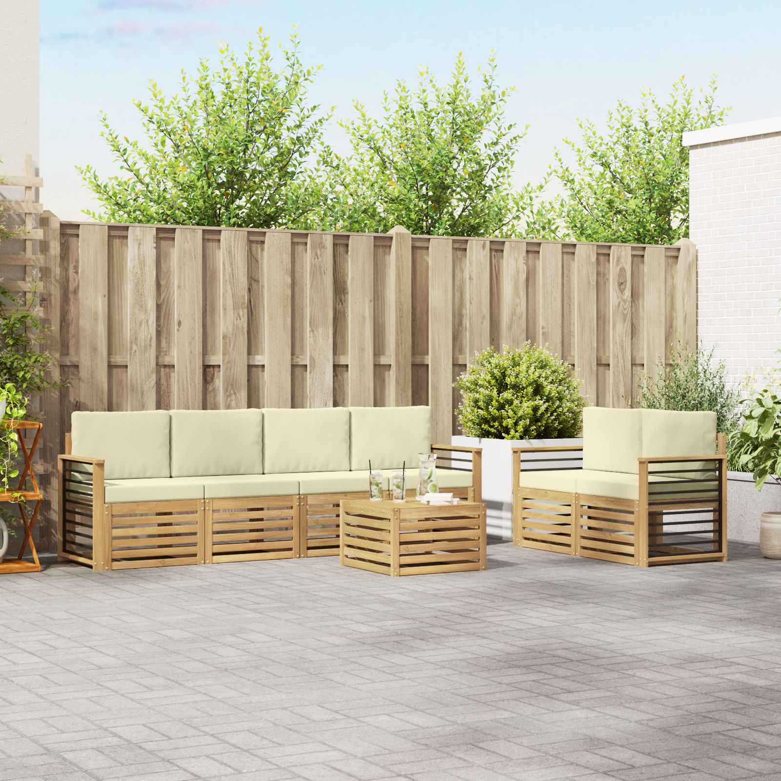 vidaXL Sofa-Sets 7 pcs Natuurlijk en Crème Massief Acaciahout