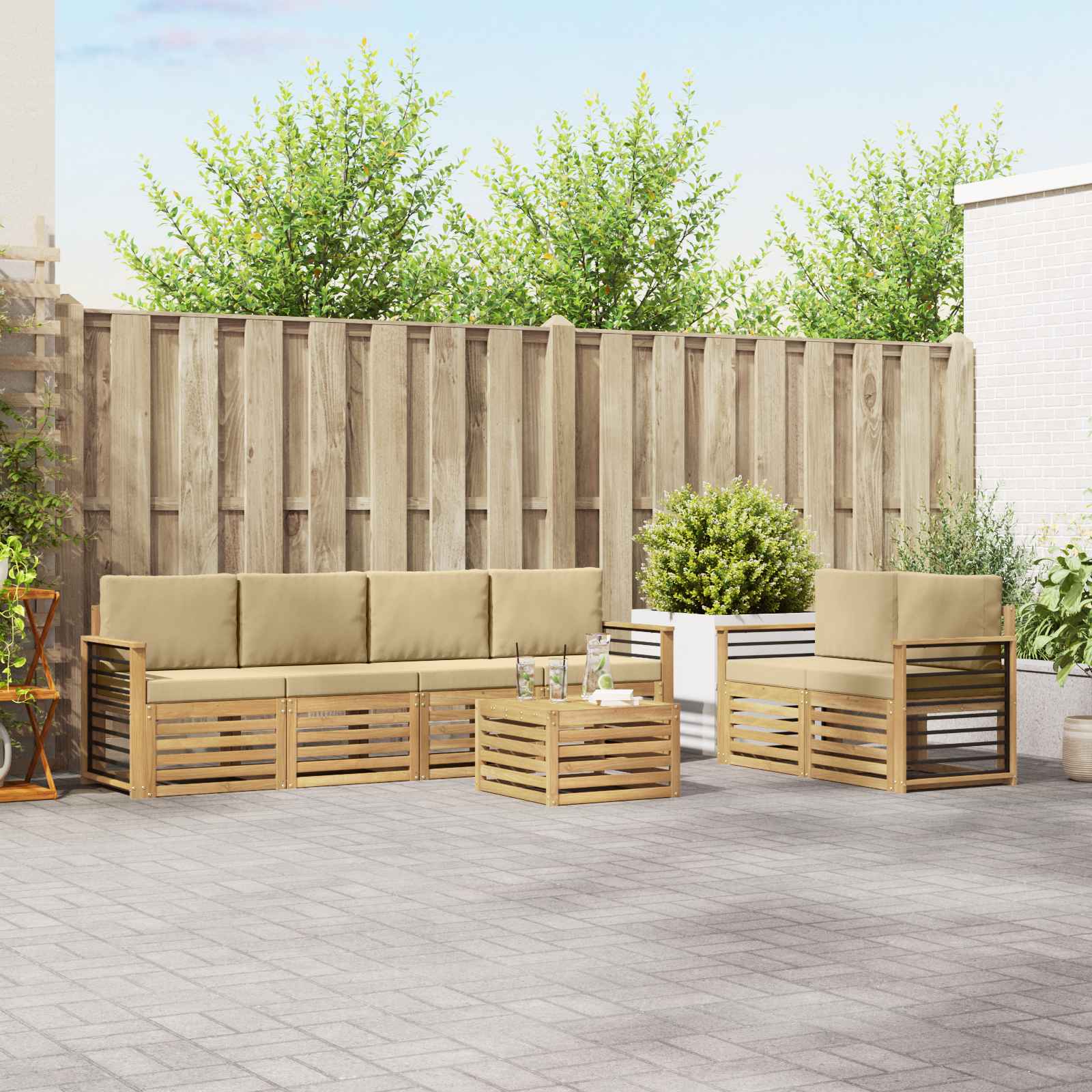 vidaXL Sofa-Sets 7 pcs Natuurlijk en Crème Massief Acaciahout