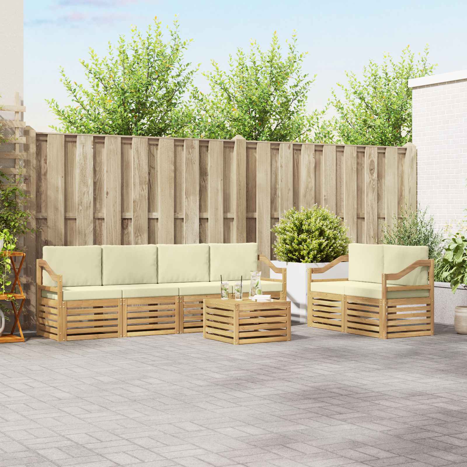 vidaXL Sofa-Sets 7 pcs Natuurlijk en Crème Massief Acaciahout