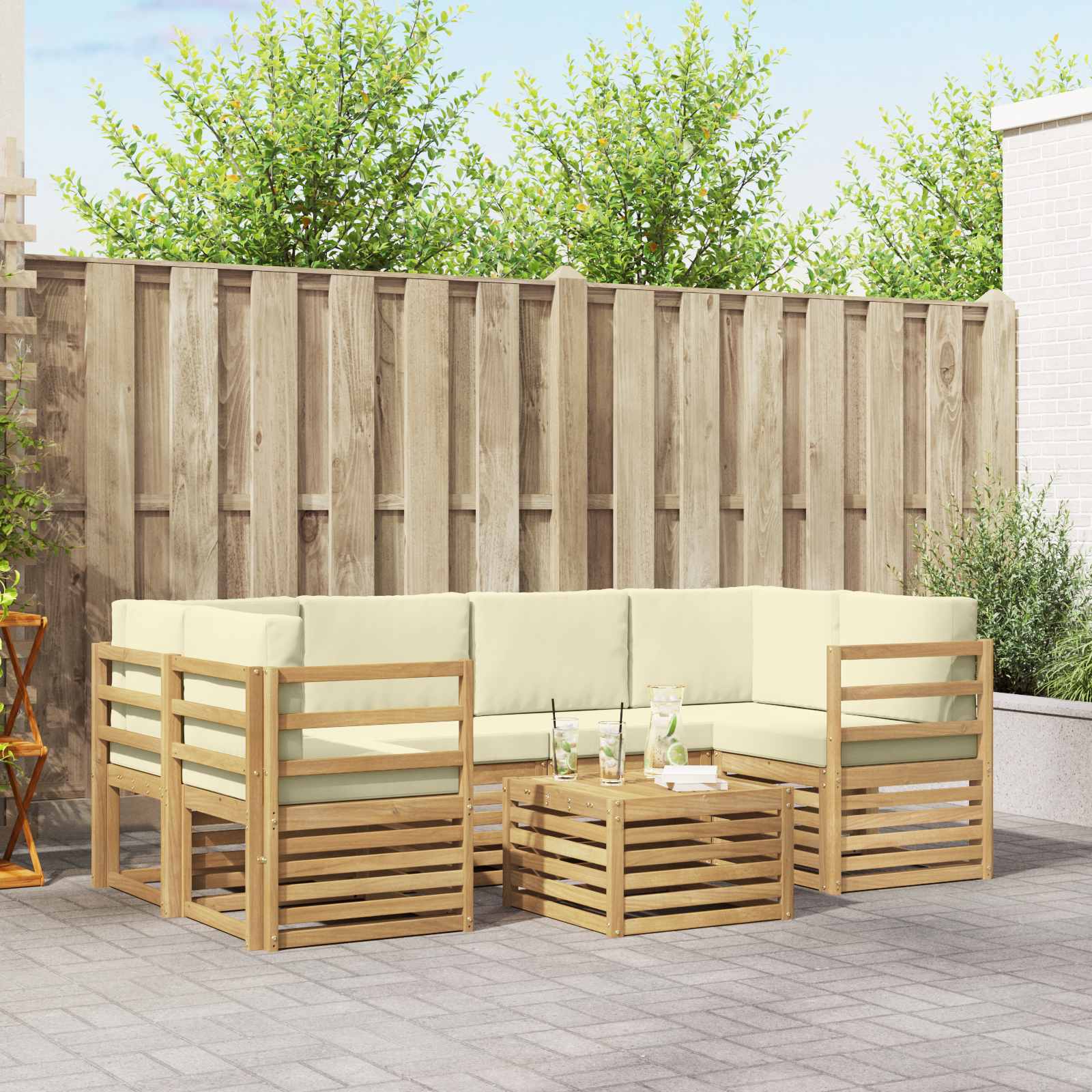 vidaXL Sofa-Sets 7 pcs Natuurlijk en Crème Massief Acaciahout