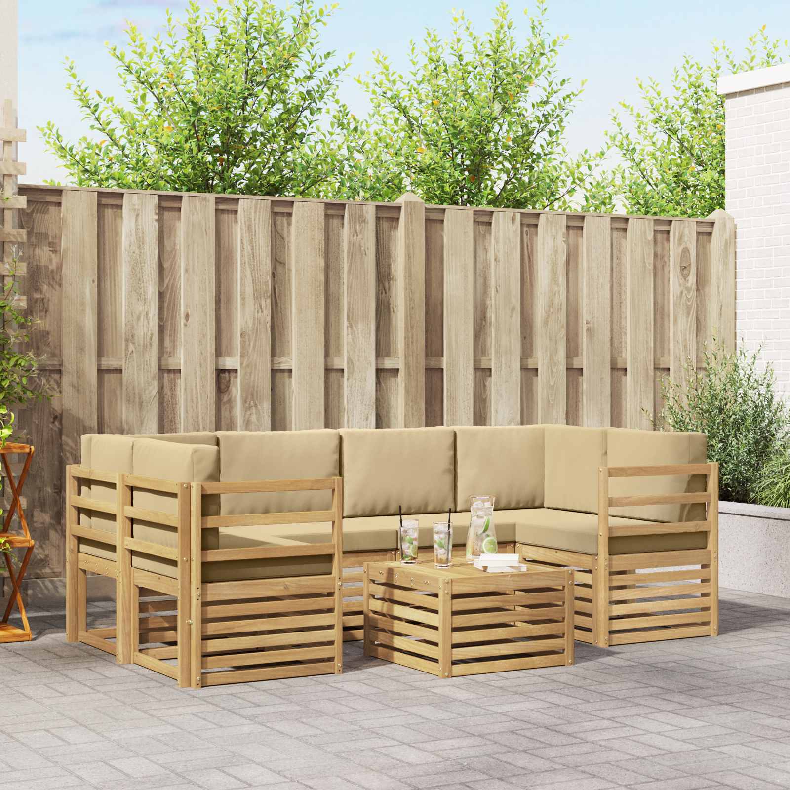 vidaXL Sofa-Sets 7 pcs Natuurlijk en Crème Massief Acaciahout