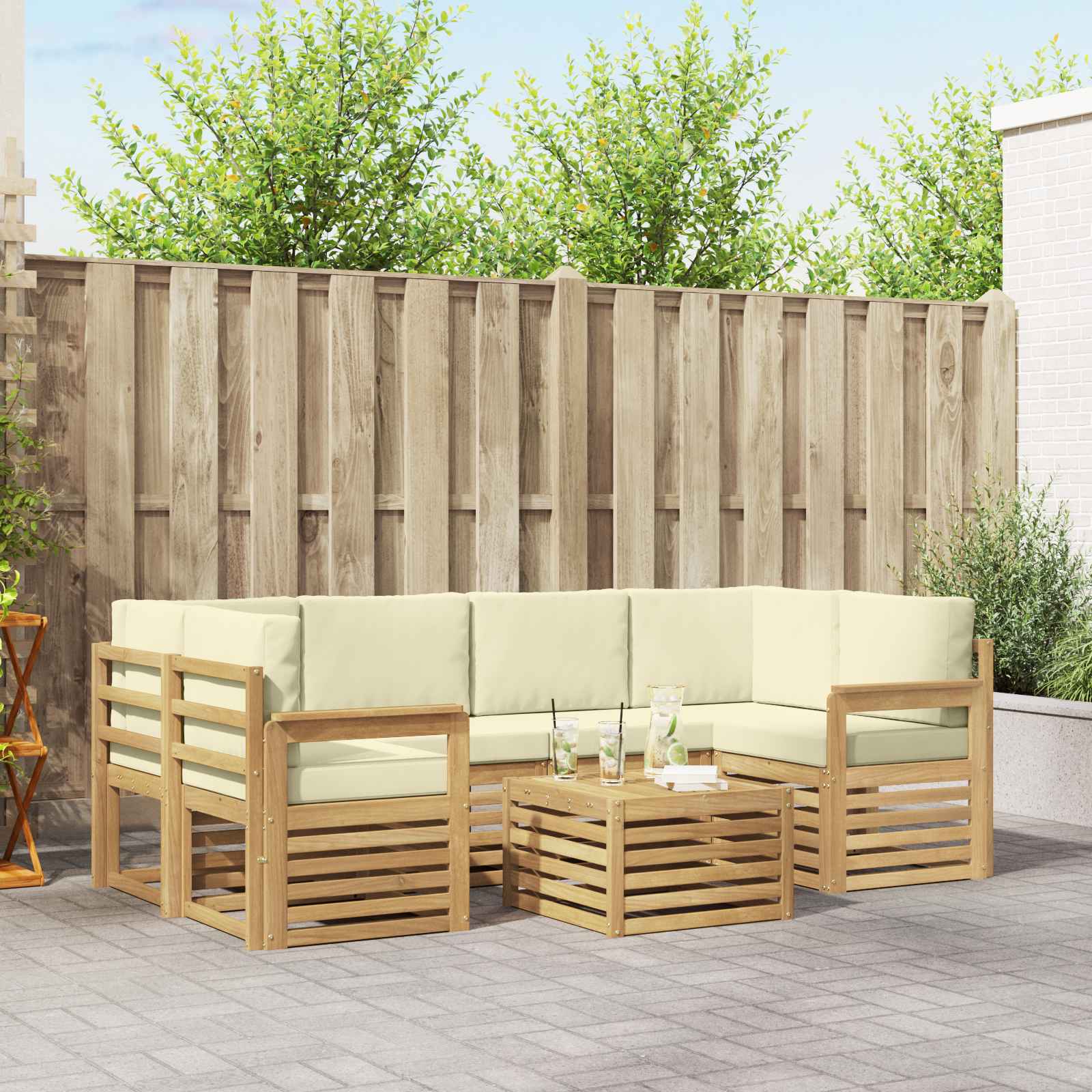 vidaXL Sofa-Sets 7 pcs Natuurlijk en Crème Massief Acaciahout