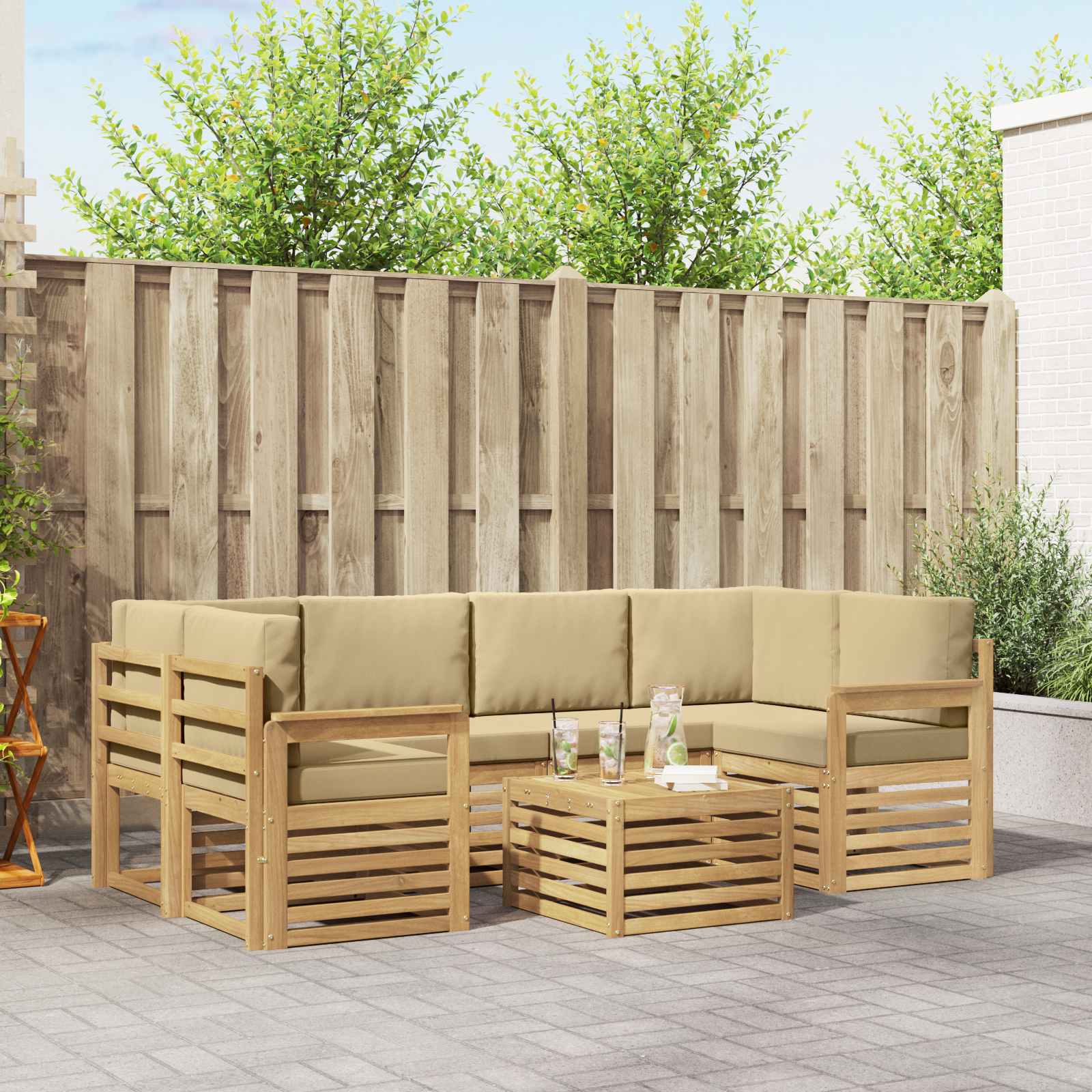 vidaXL Sofa-Sets 7 pcs Natuurlijk en Crème Massief Acaciahout