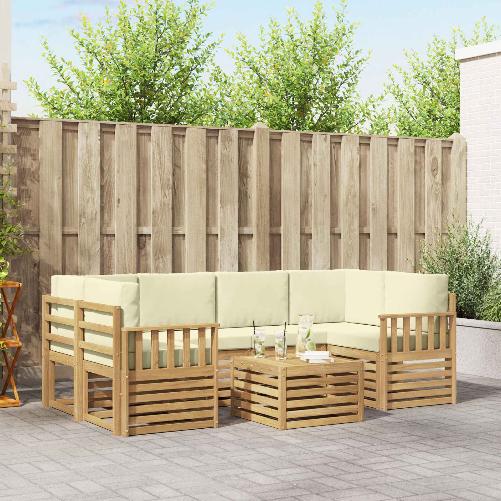 vidaXL Sofa-Sets 7 pcs Natuurlijk en Crème Massief Acaciahout