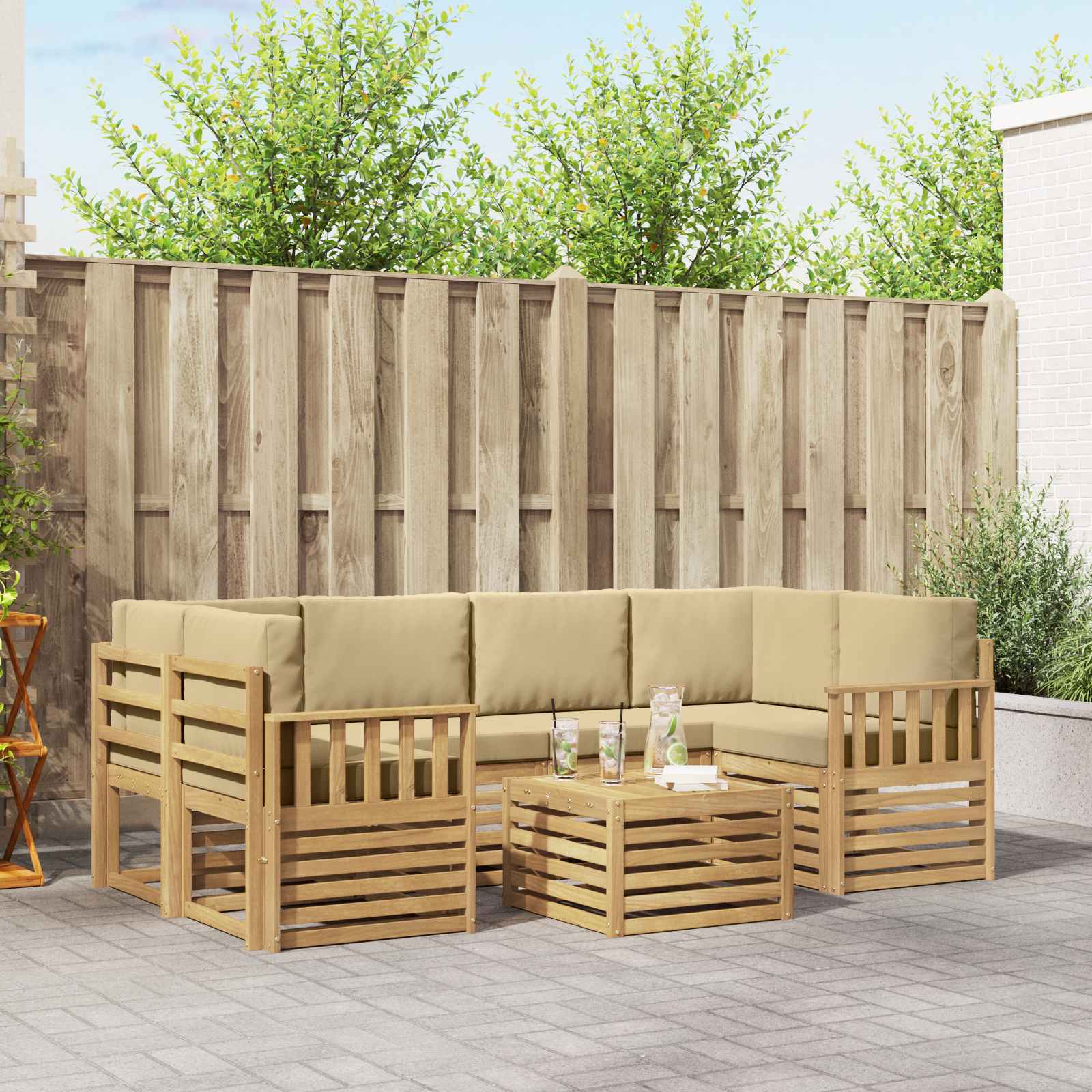 vidaXL Sofa-Sets 7 pcs Natuurlijk en Crème Massief Acaciahout