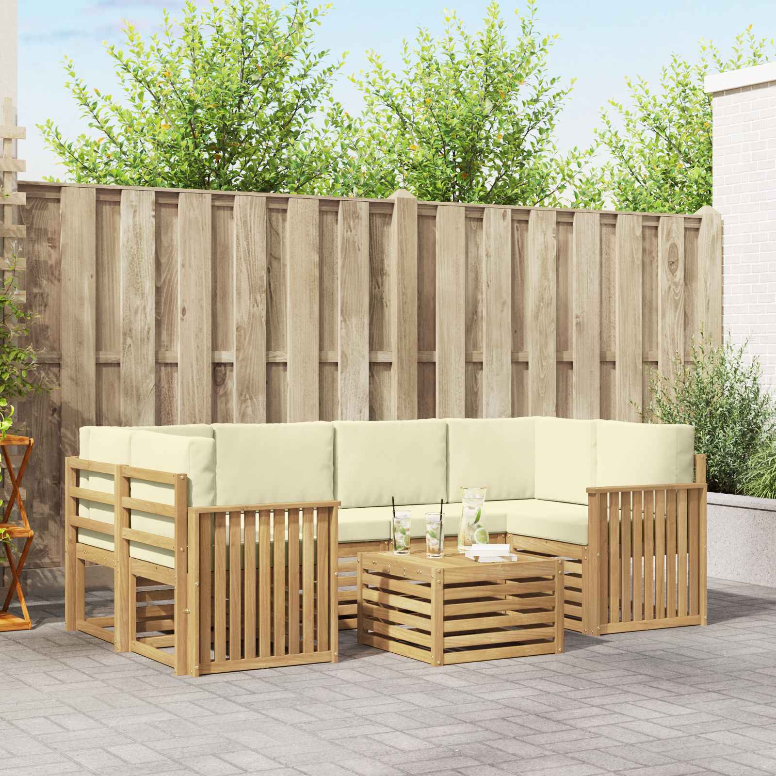 vidaXL Sofa-Sets 7 pcs Natuurlijk en Crème Massief Acaciahout