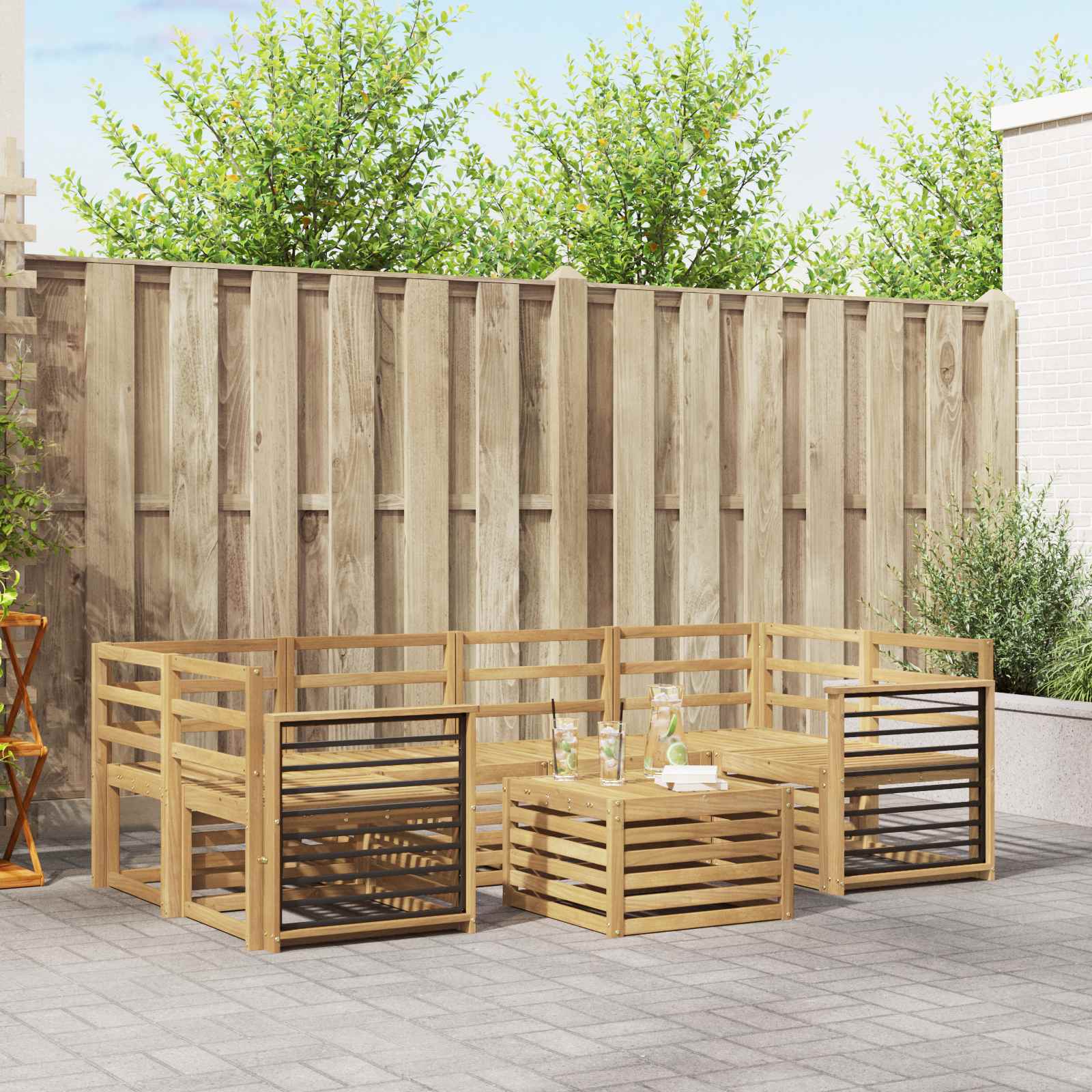 vidaXL Sofa-Sets 7 pcs Natuurlijk en Crème Massief Acaciahout