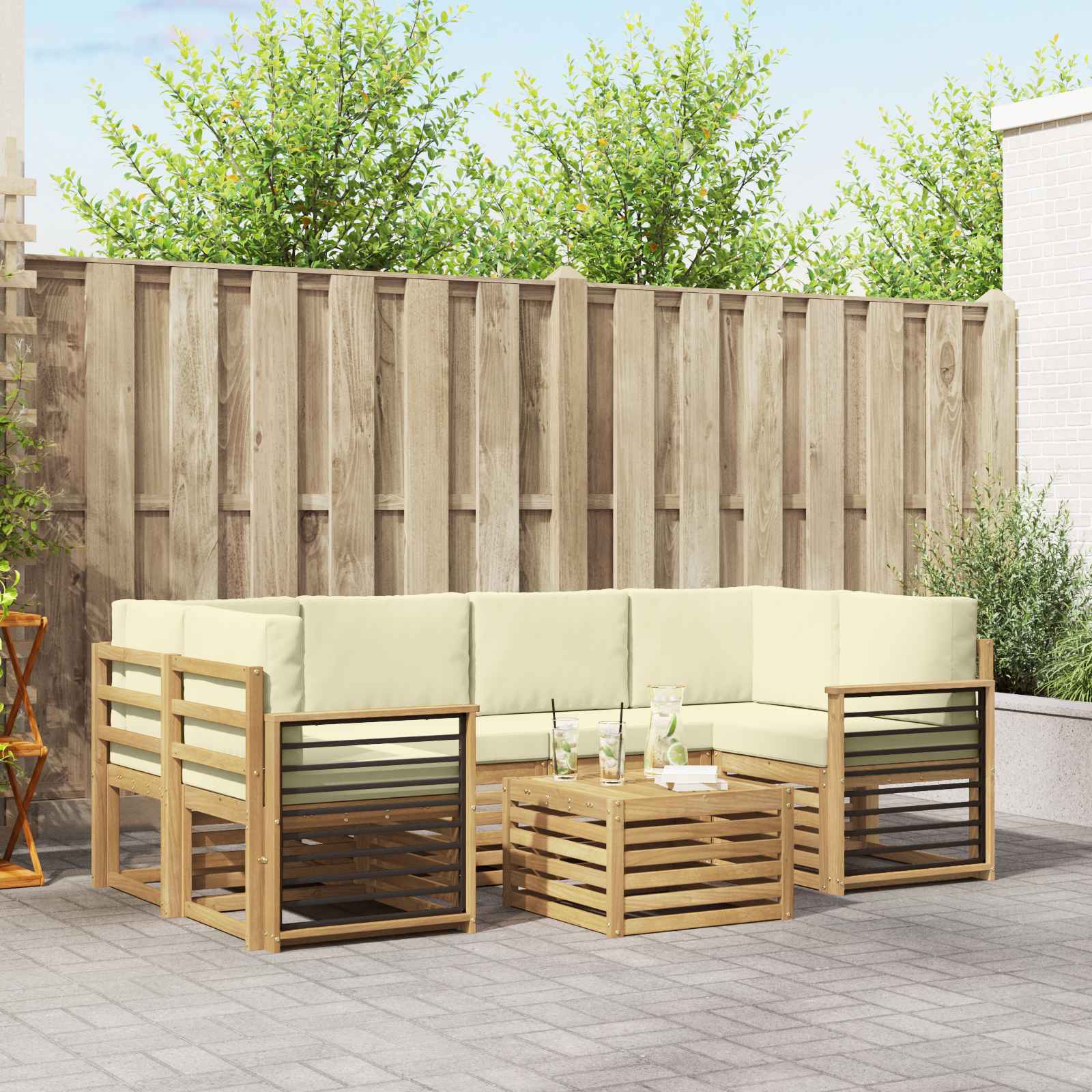 vidaXL Sofa-Sets 7 pcs Natuurlijk en Crème Massief Acaciahout